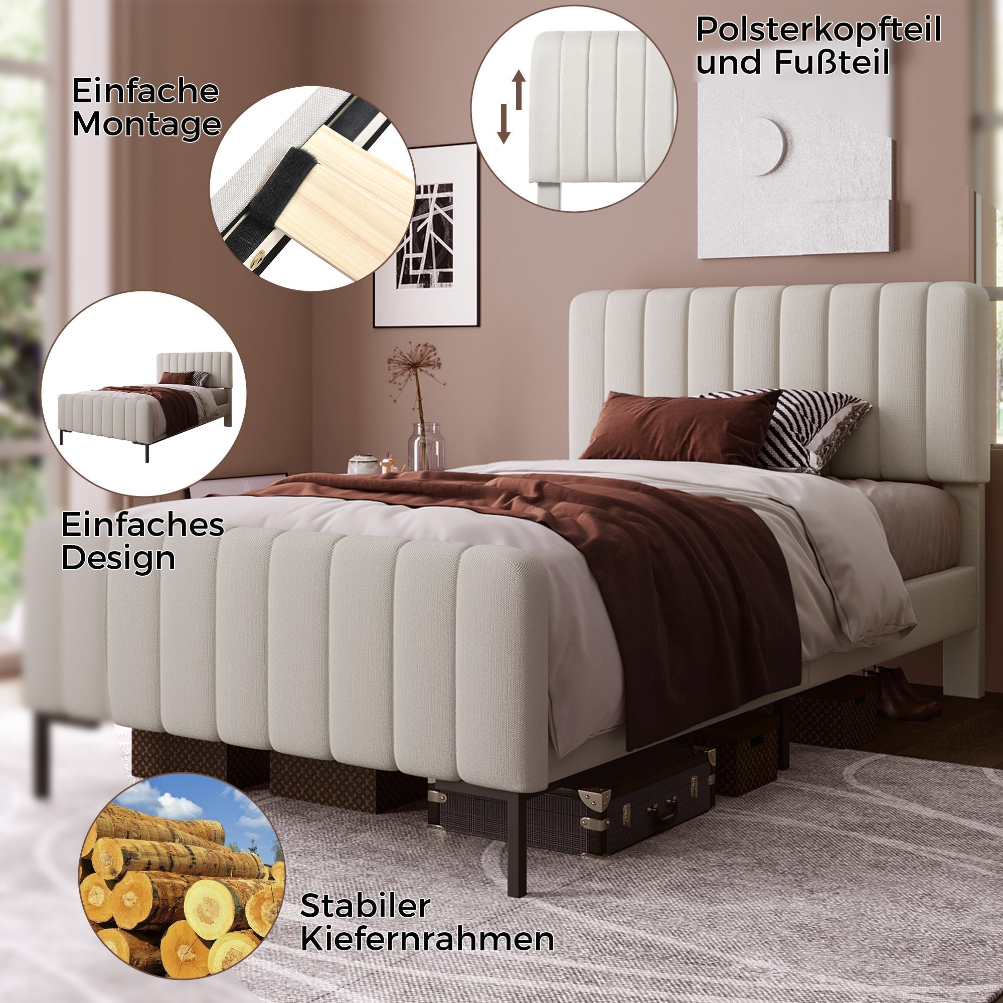 Upholstered single bed, 90 x 200 cm, adjustable headboard, grey-beige linen