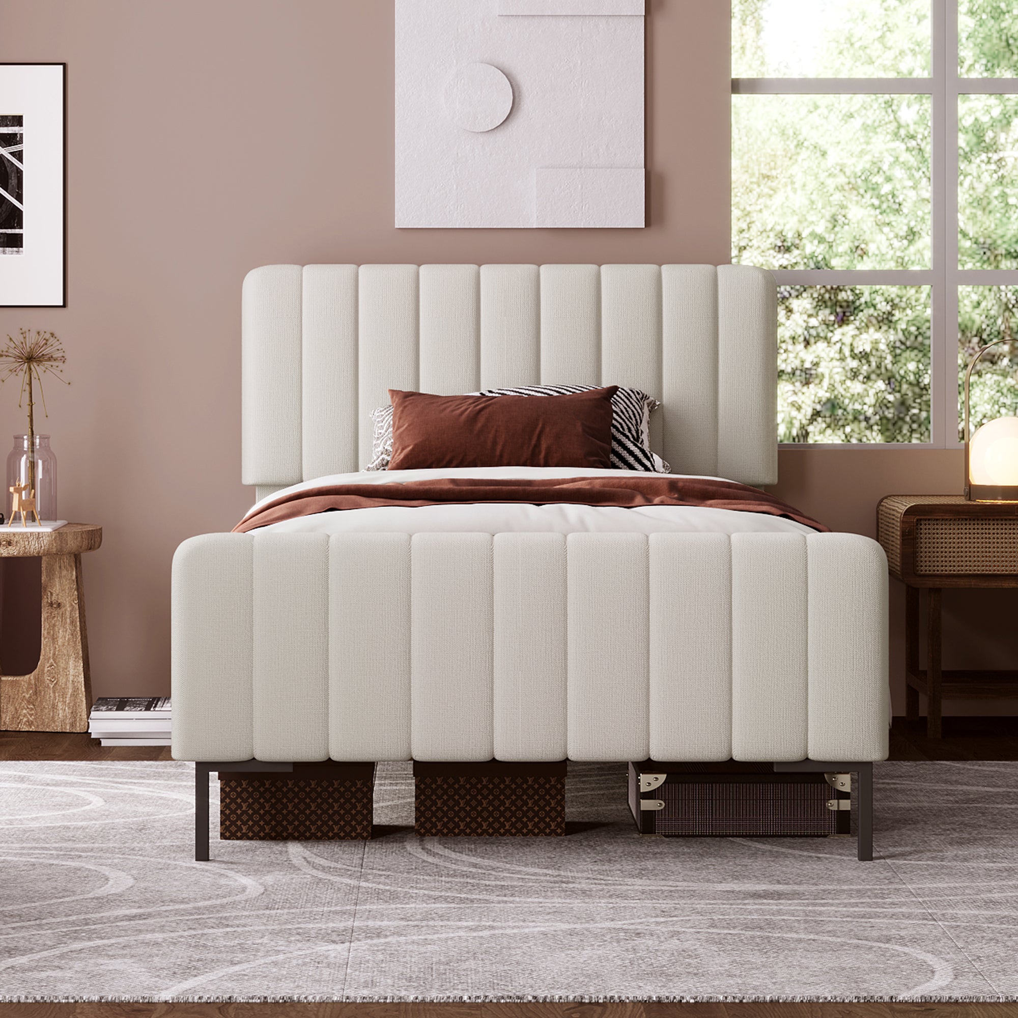 Upholstered single bed, 90 x 200 cm, adjustable headboard, grey-beige linen