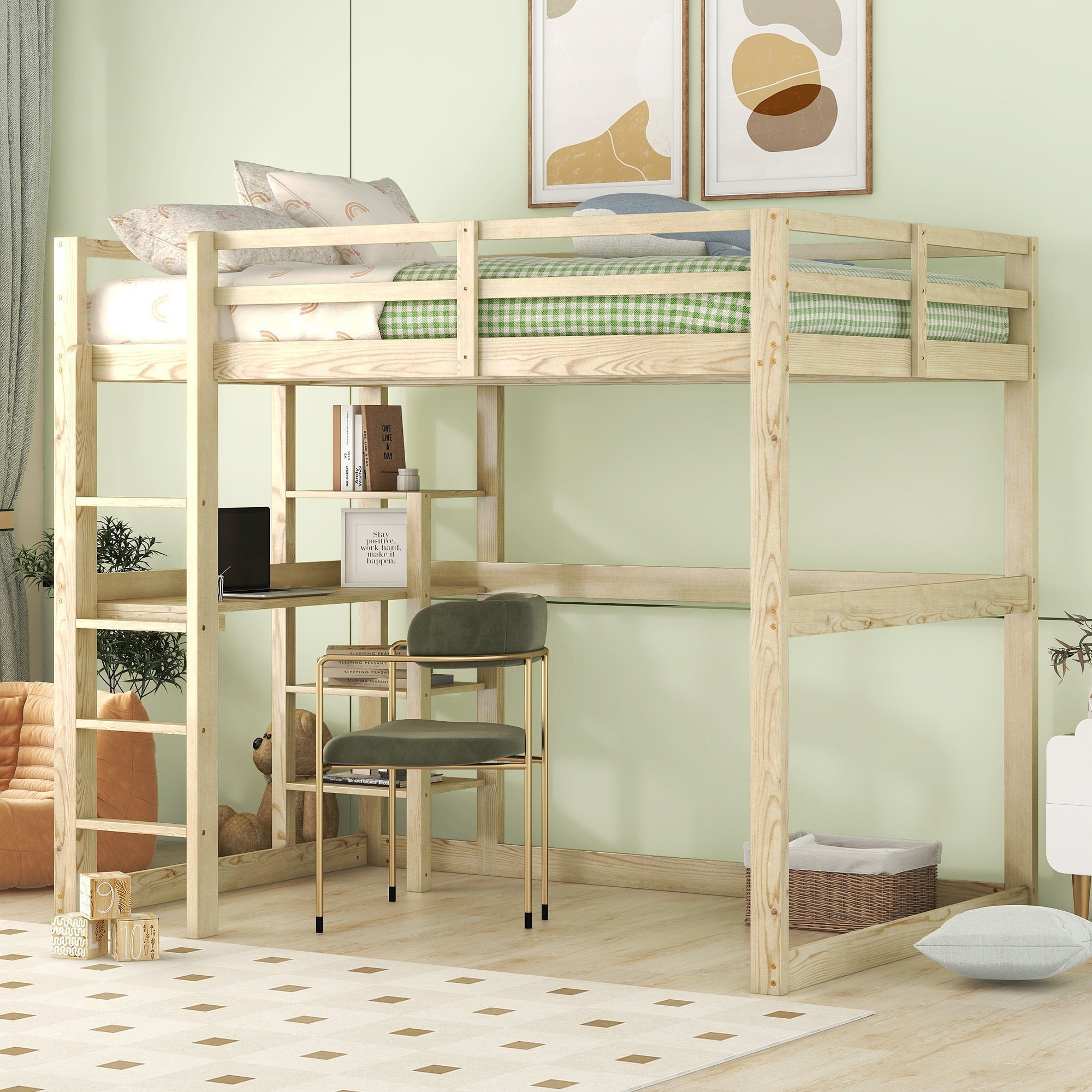 Children's Bunk Bed with Desk and 4 Storage Compartments, 140 x 200 cm, Pine Natural