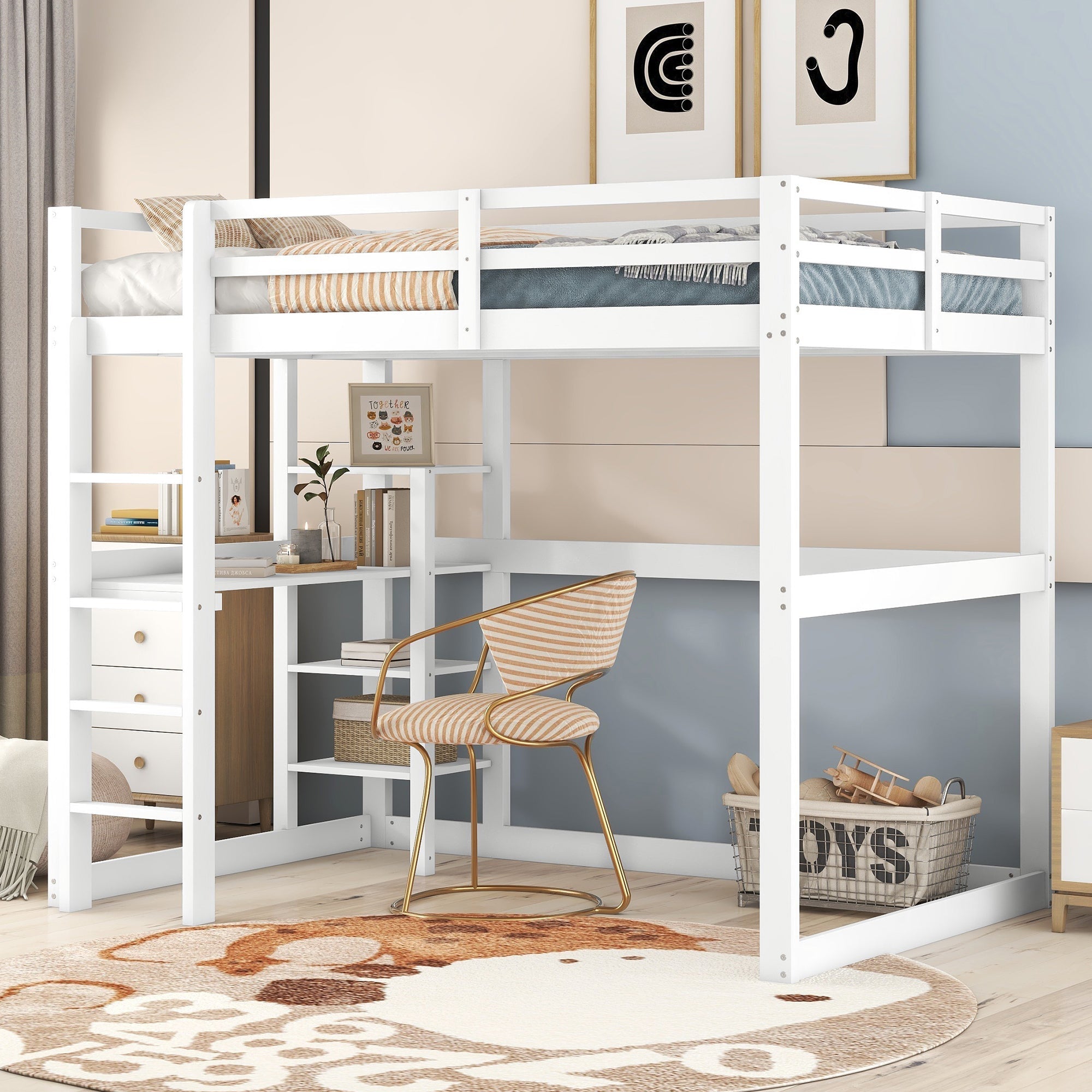 Loft Bed 140x200cm Storage Desk 4 Compartments - White Pine