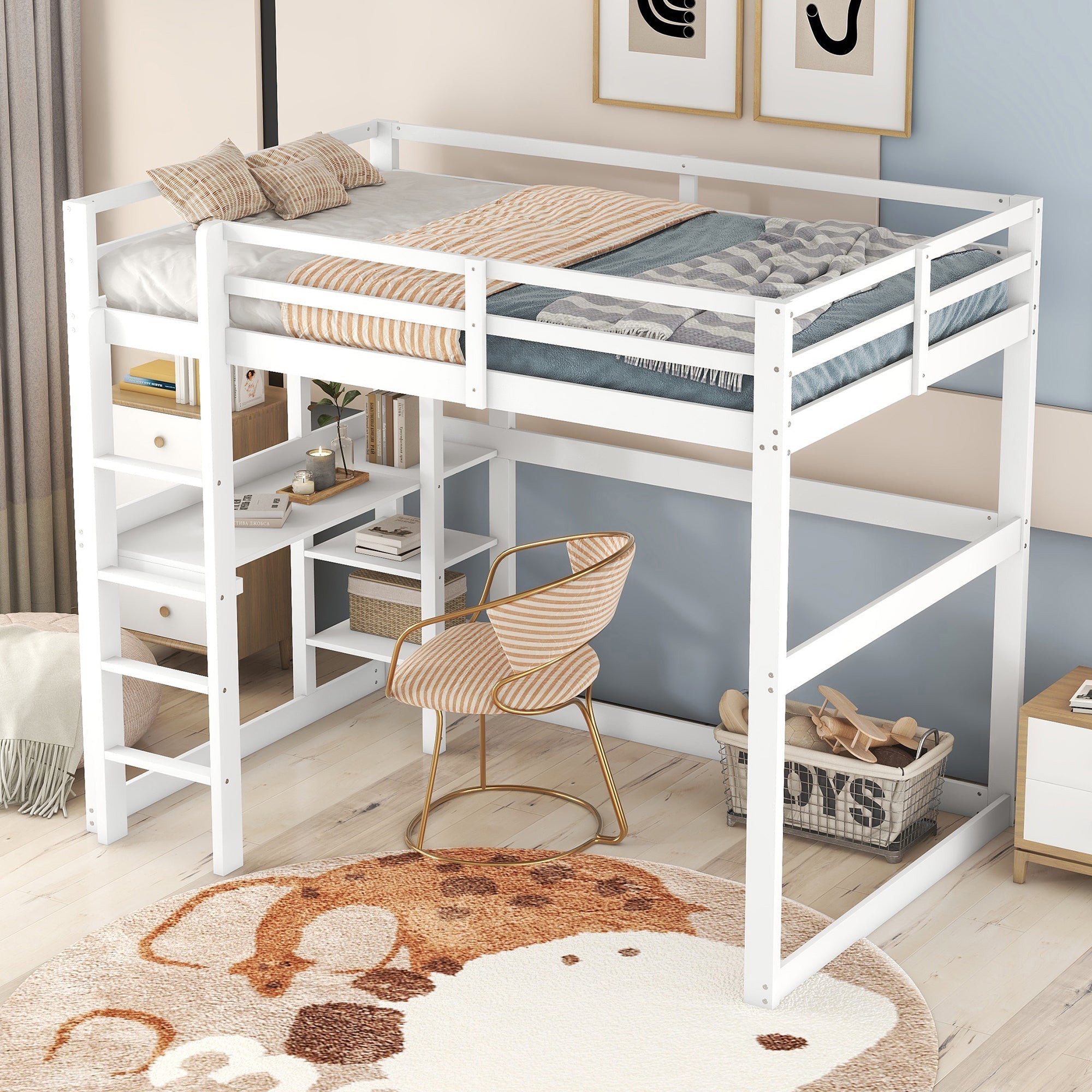 Loft Bed 140x200cm Storage Desk 4 Compartments - White Pine