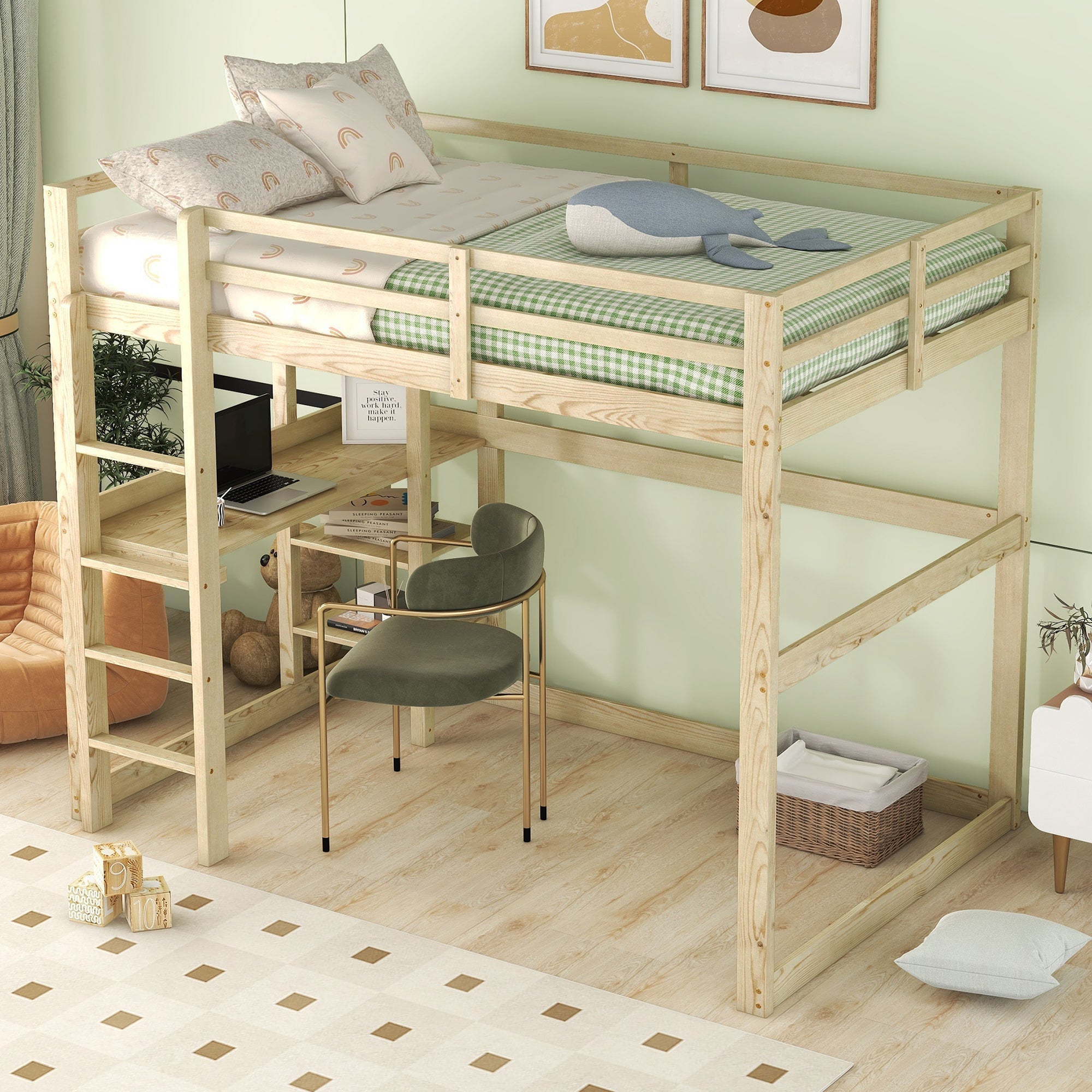 Children's Bunk Bed with Desk and 4 Storage Compartments, 140 x 200 cm, Pine Natural