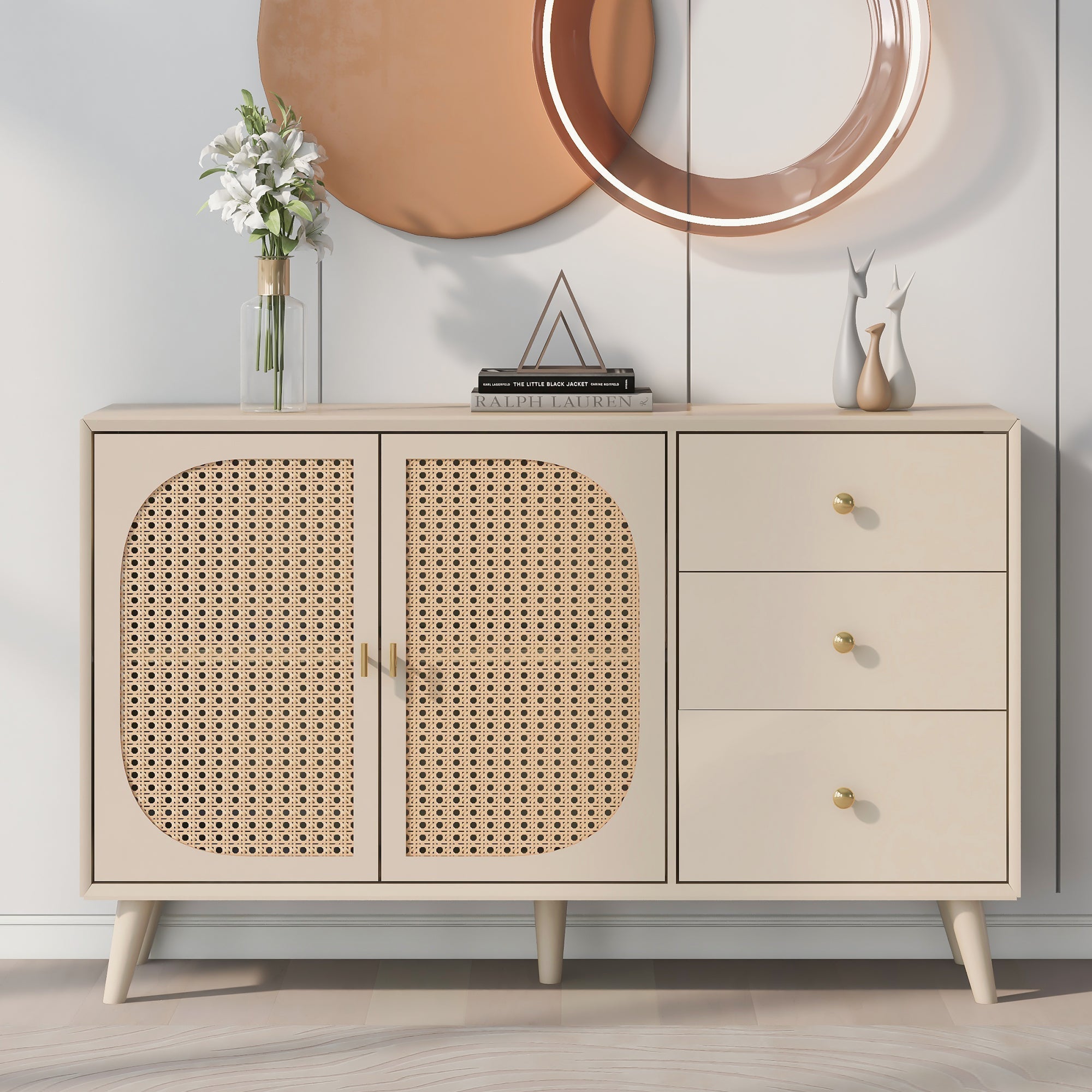 Sideboard Storage TV Table with Drawers & Doors, Large Capacity, Off-White Cream 120cm