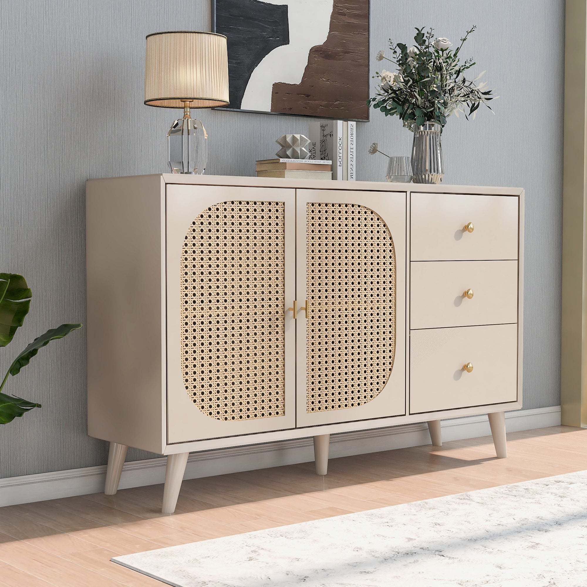 Sideboard Storage TV Table with Drawers & Doors, Large Capacity, Off-White Cream 120cm