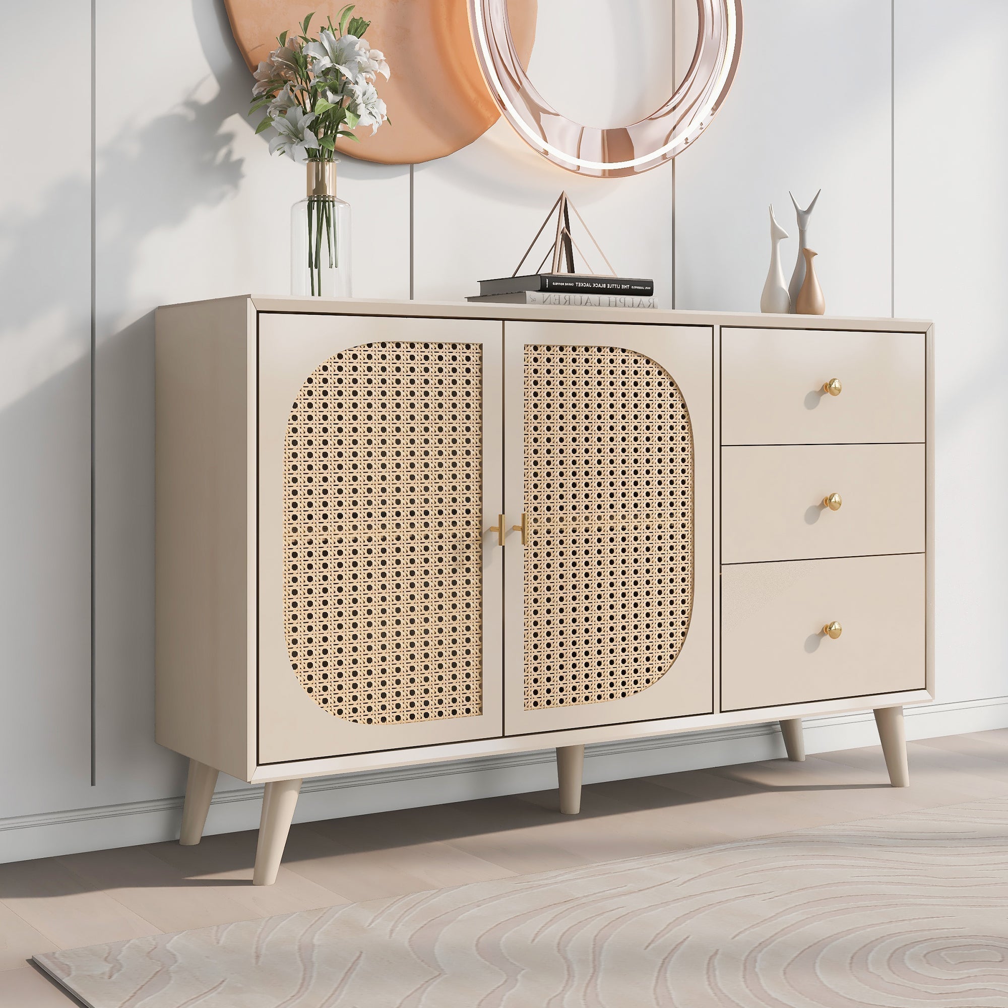 Sideboard Storage TV Table with Drawers & Doors, Large Capacity, Off-White Cream 120cm