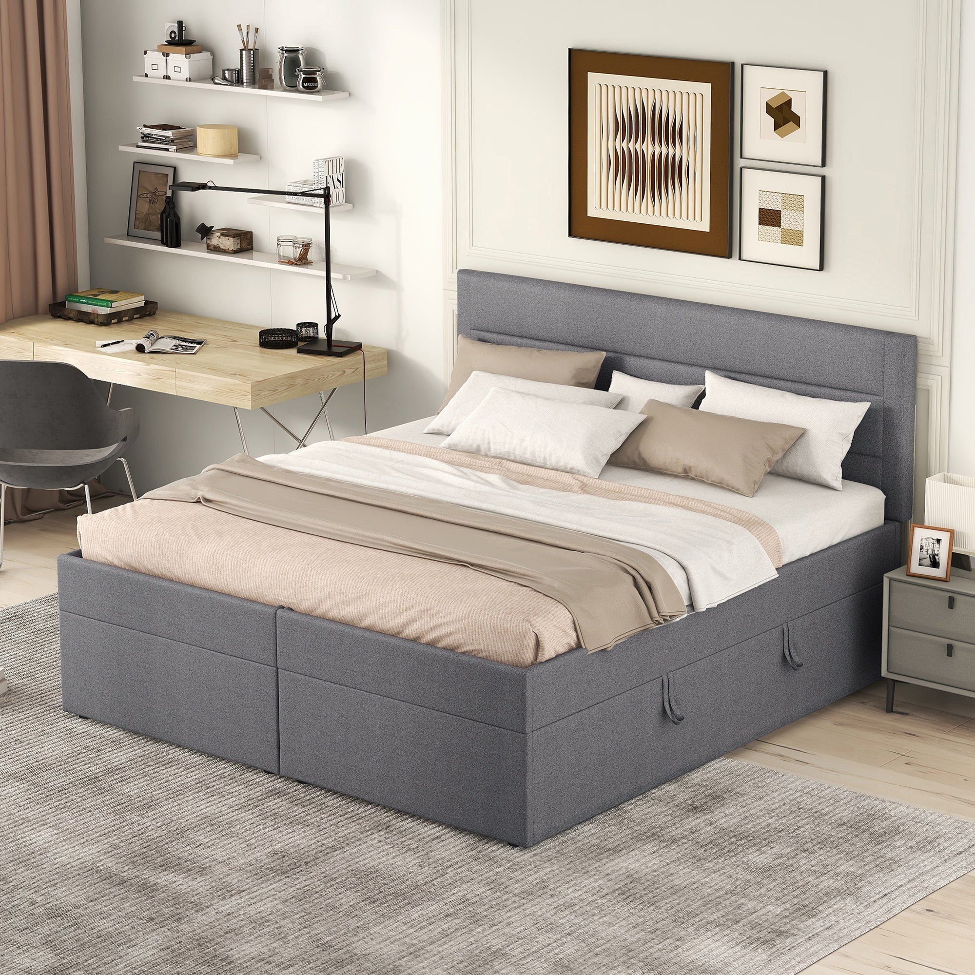 Upholstered Double Bed 200x140cm Dual Access Storage Metal Slats - Grey
