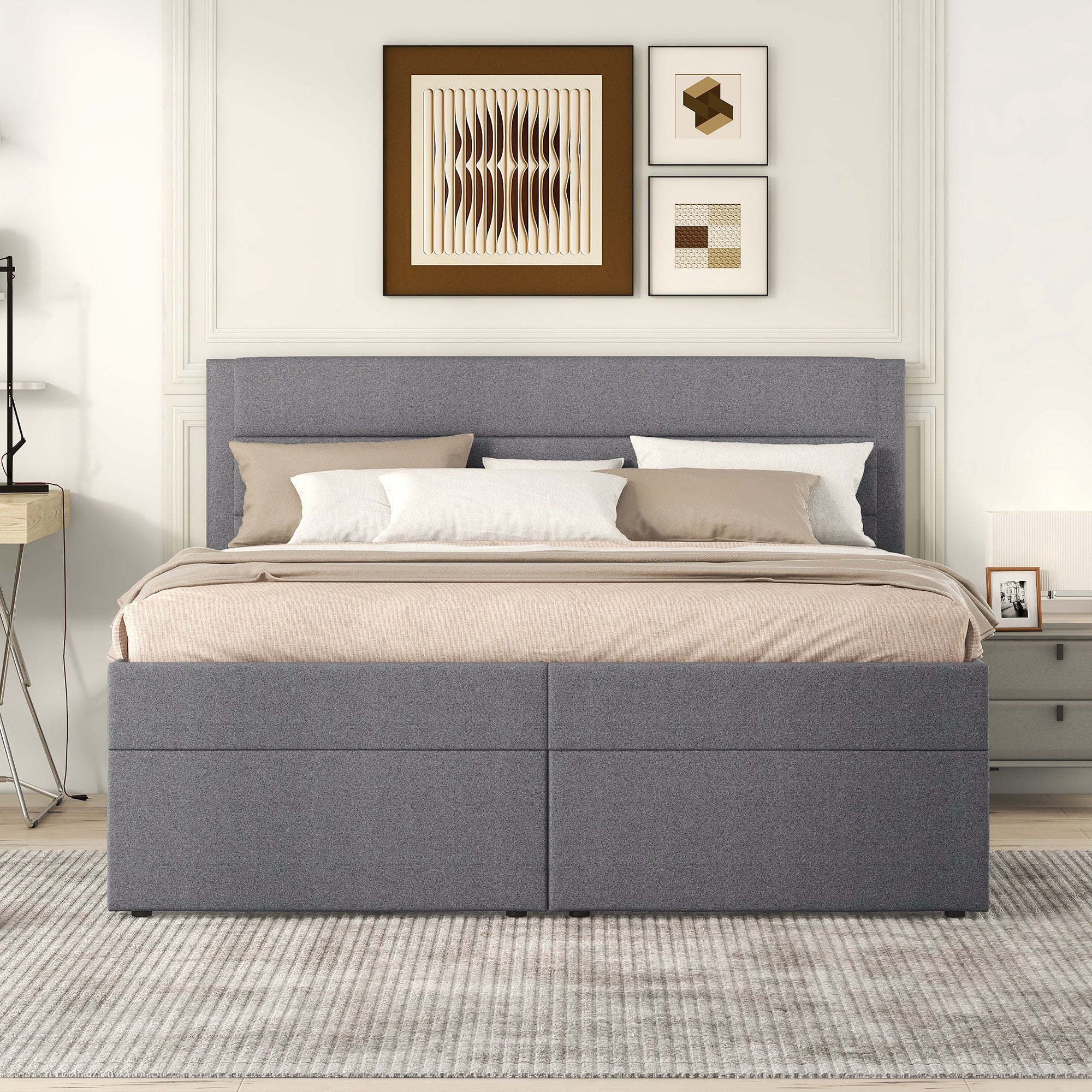 Upholstered Double Bed 200x140cm Dual Access Storage Metal Slats - Grey