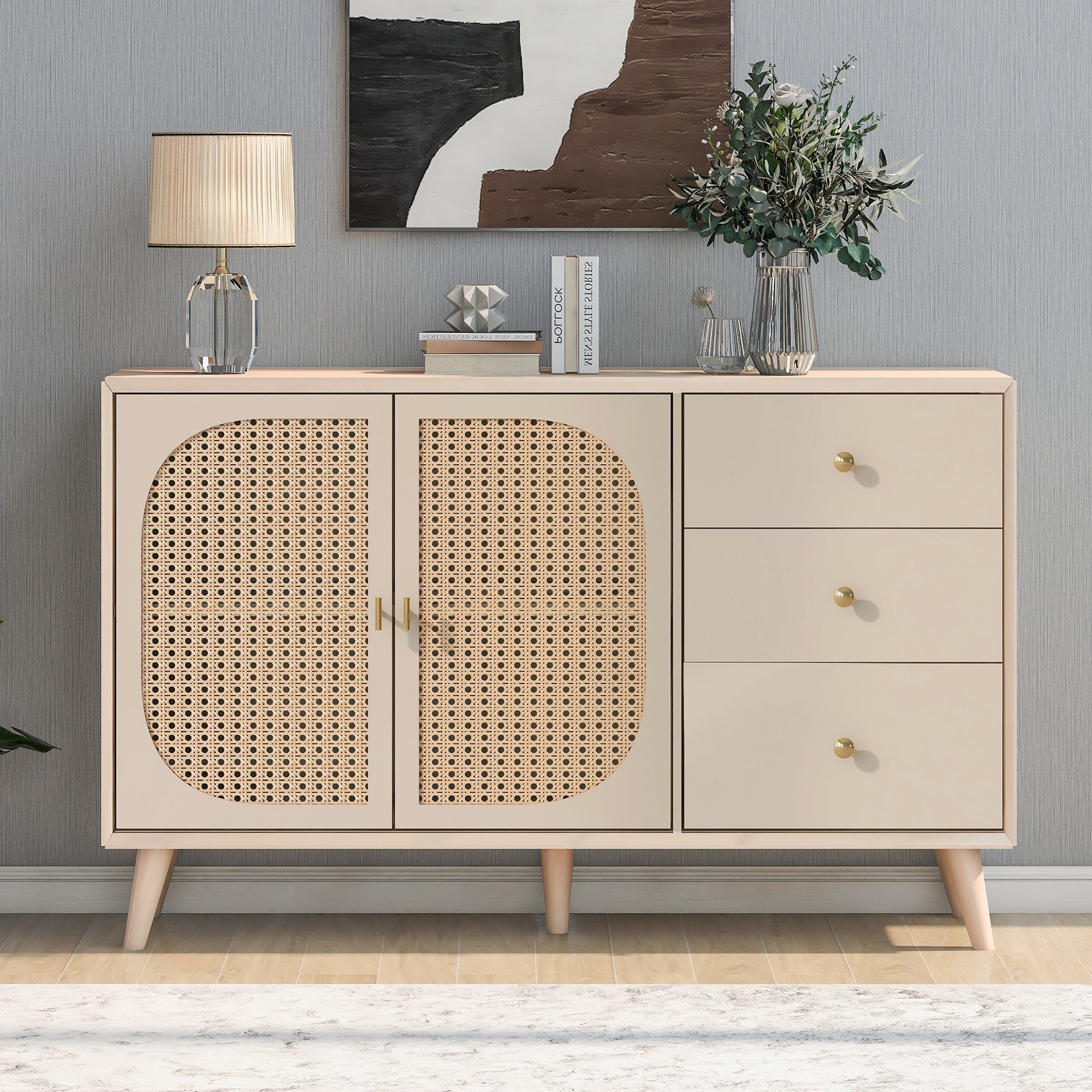 Sideboard Storage TV Table with Drawers & Doors, Large Capacity, Off-White Cream 120cm