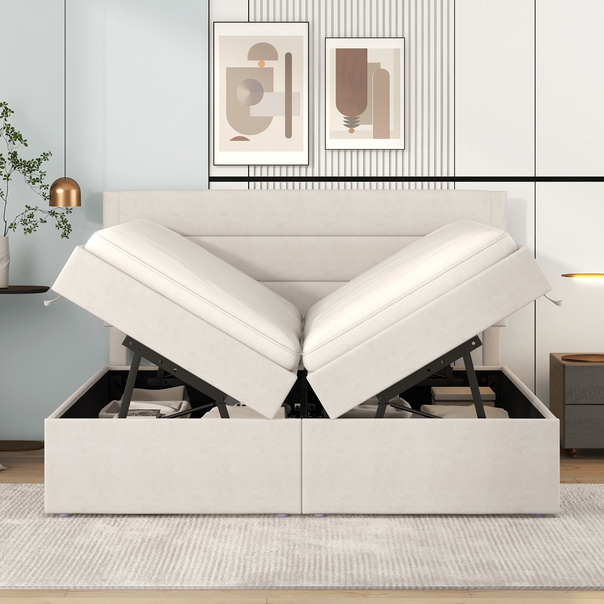 Upholstered Double Bed 200x140cm Large Dual Opening Storage - Beige