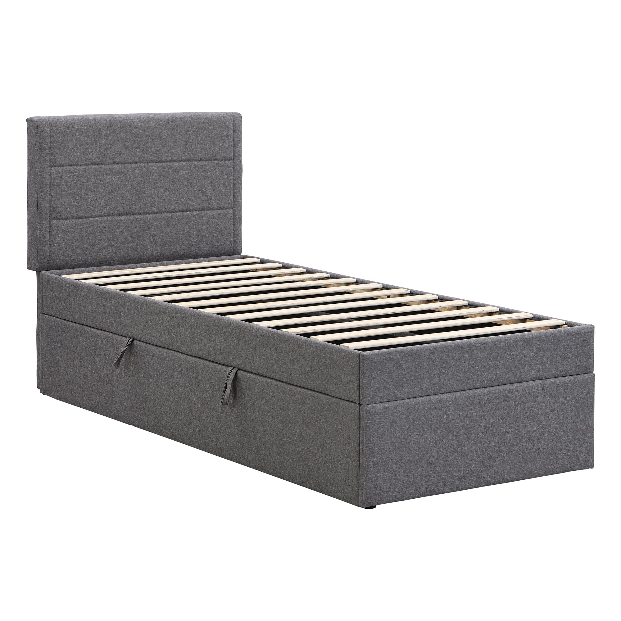 Upholstered Single Bed 90x200cm Large Storage Metal Slatted Base - Grey