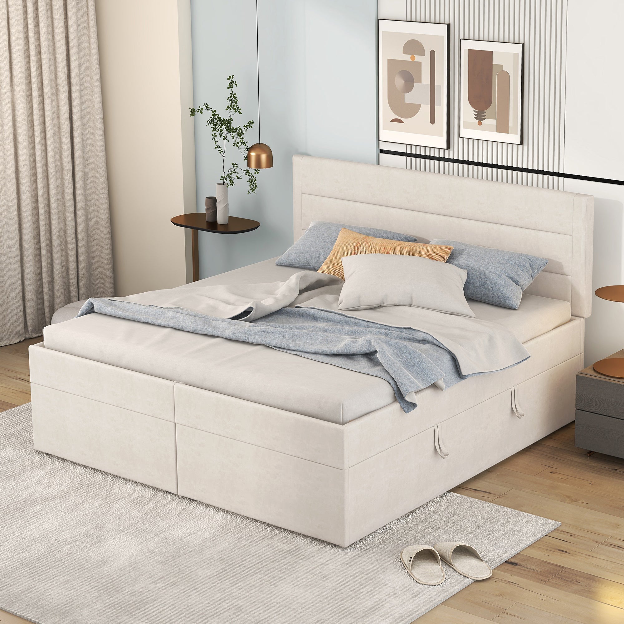 Upholstered Double Bed 200x140cm Large Dual Opening Storage - Beige