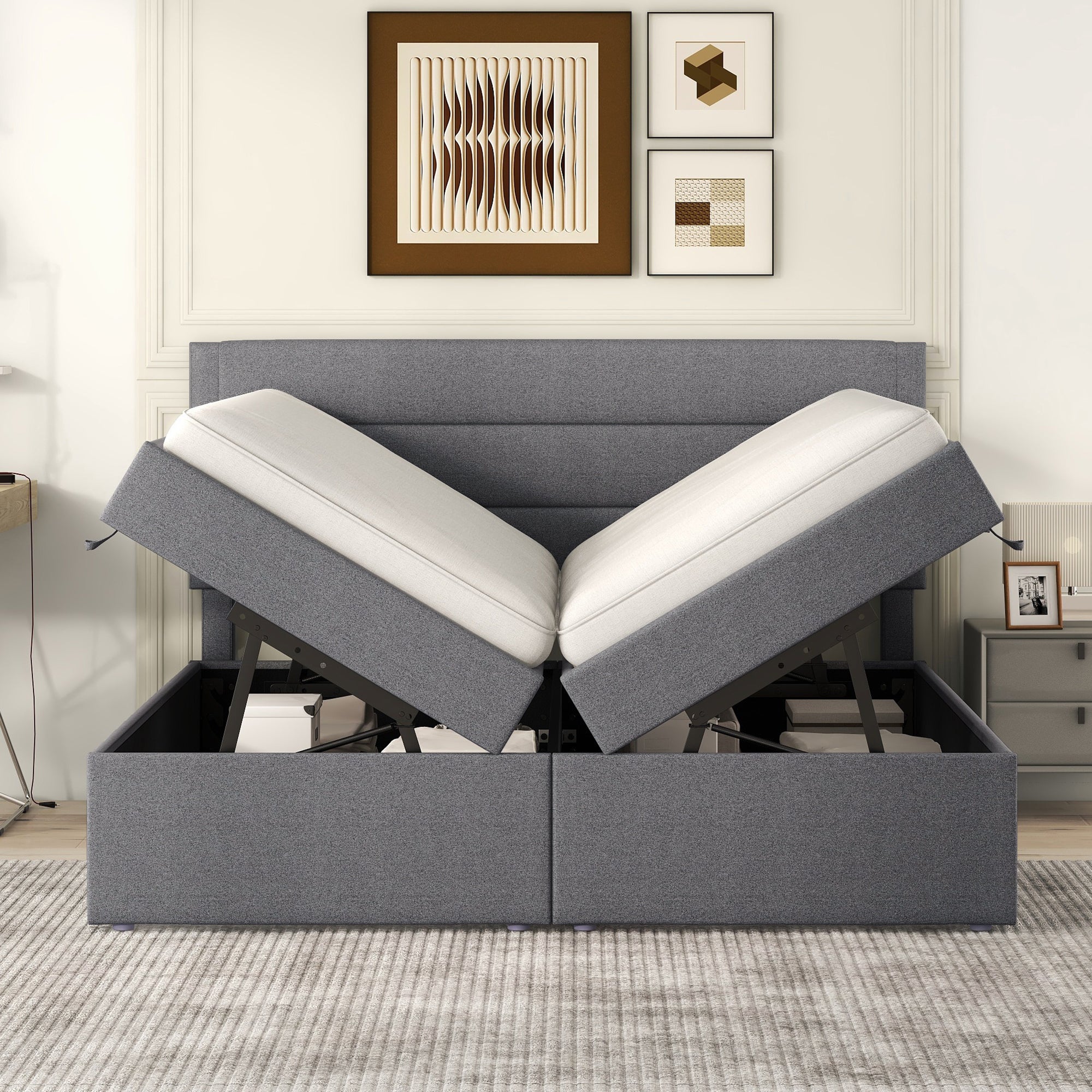 Upholstered Double Bed 200x140cm Dual Access Storage Metal Slats - Grey