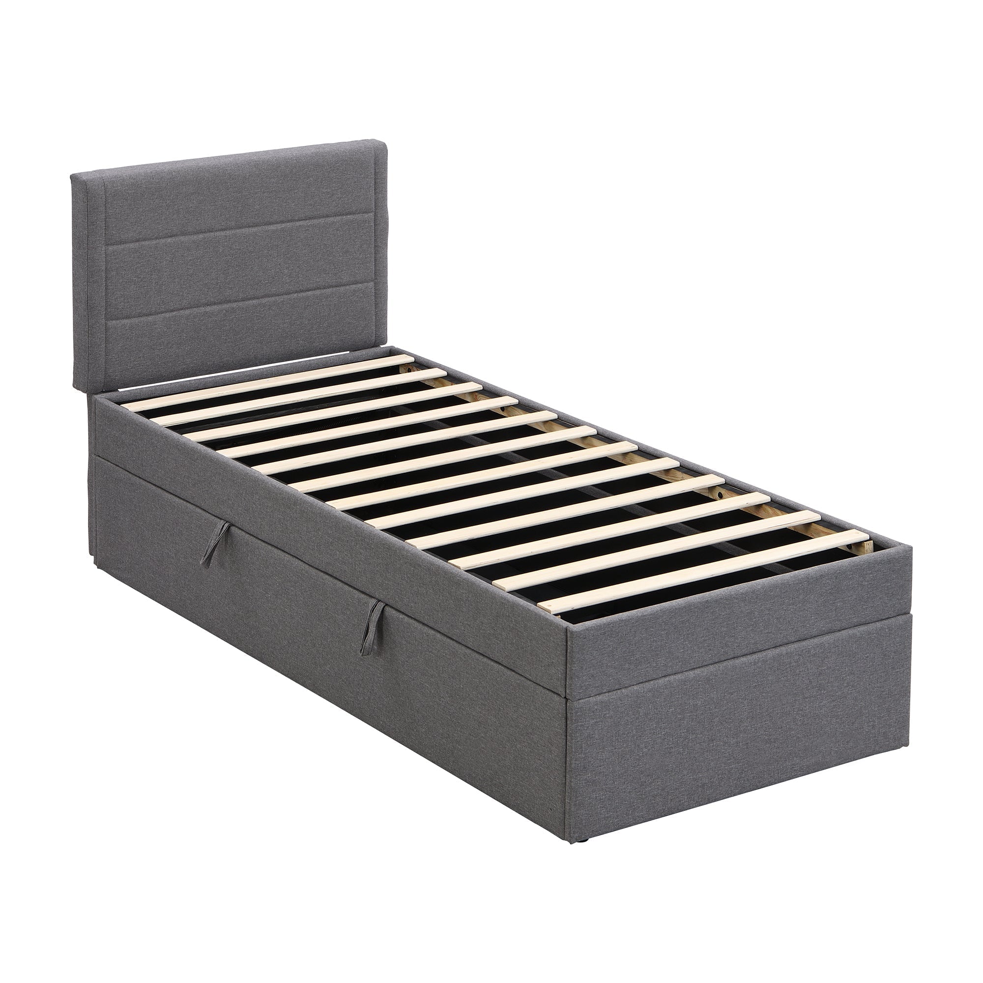 Upholstered Single Bed 90x200cm Large Storage Metal Slatted Base - Grey