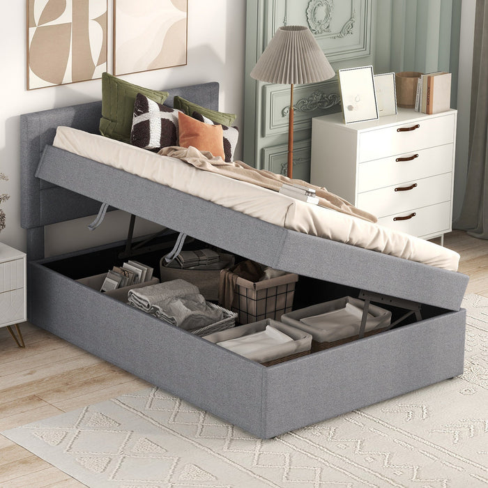 Upholstered Single Bed 90x200cm Large Storage Metal Slatted Base - Grey