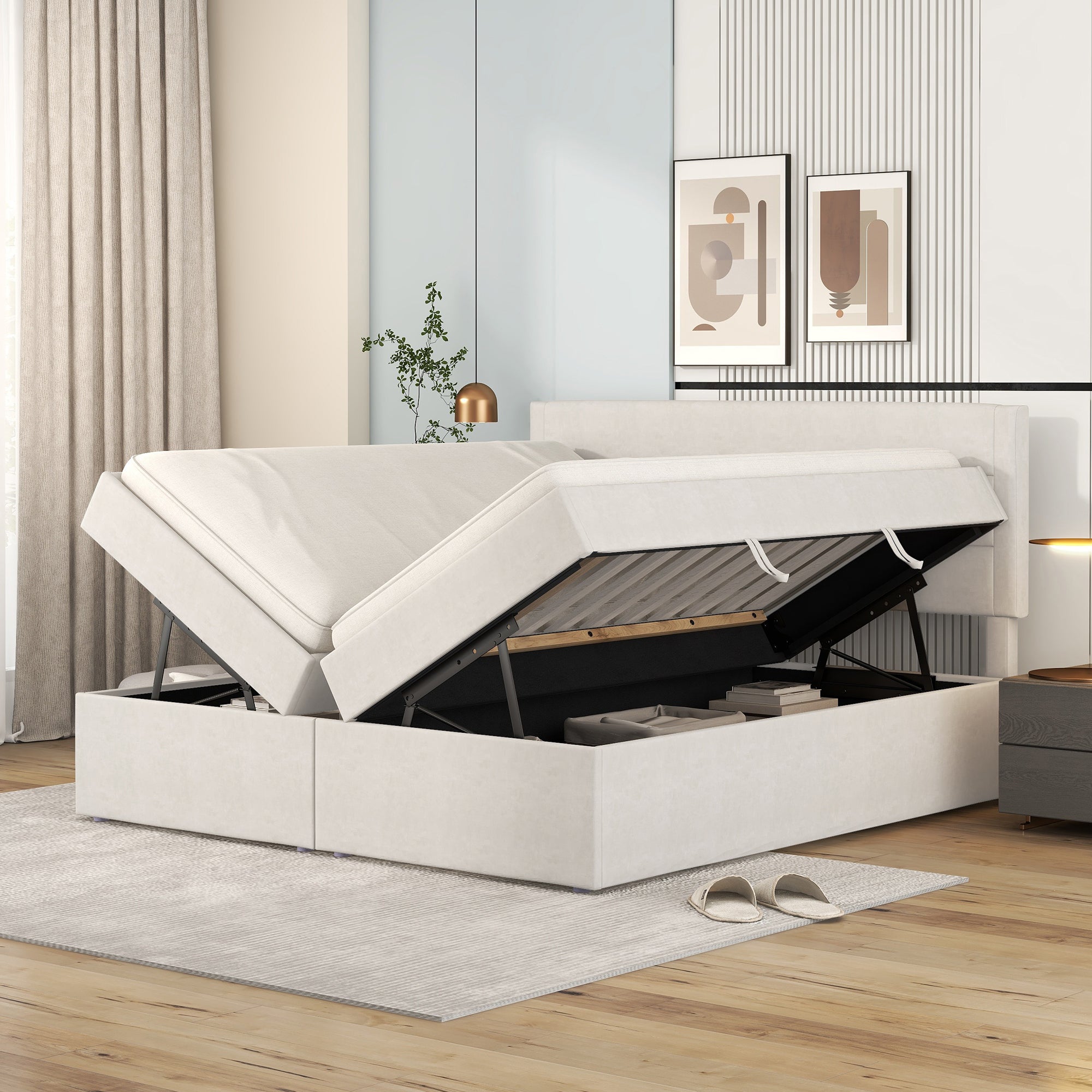 Upholstered Double Bed 200x140cm Large Dual Opening Storage - Beige