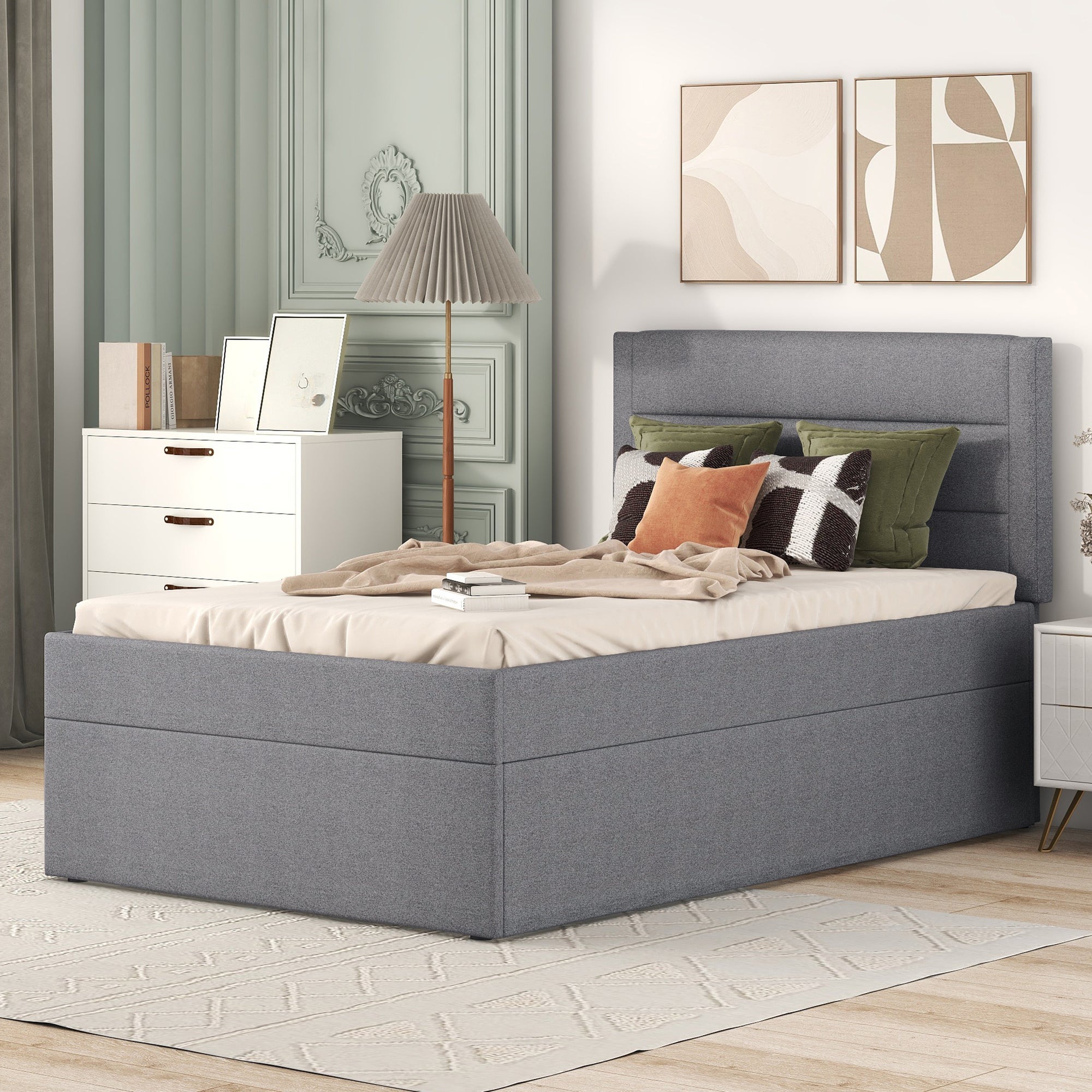 Upholstered Single Bed 90x200cm Large Storage Metal Slatted Base - Grey