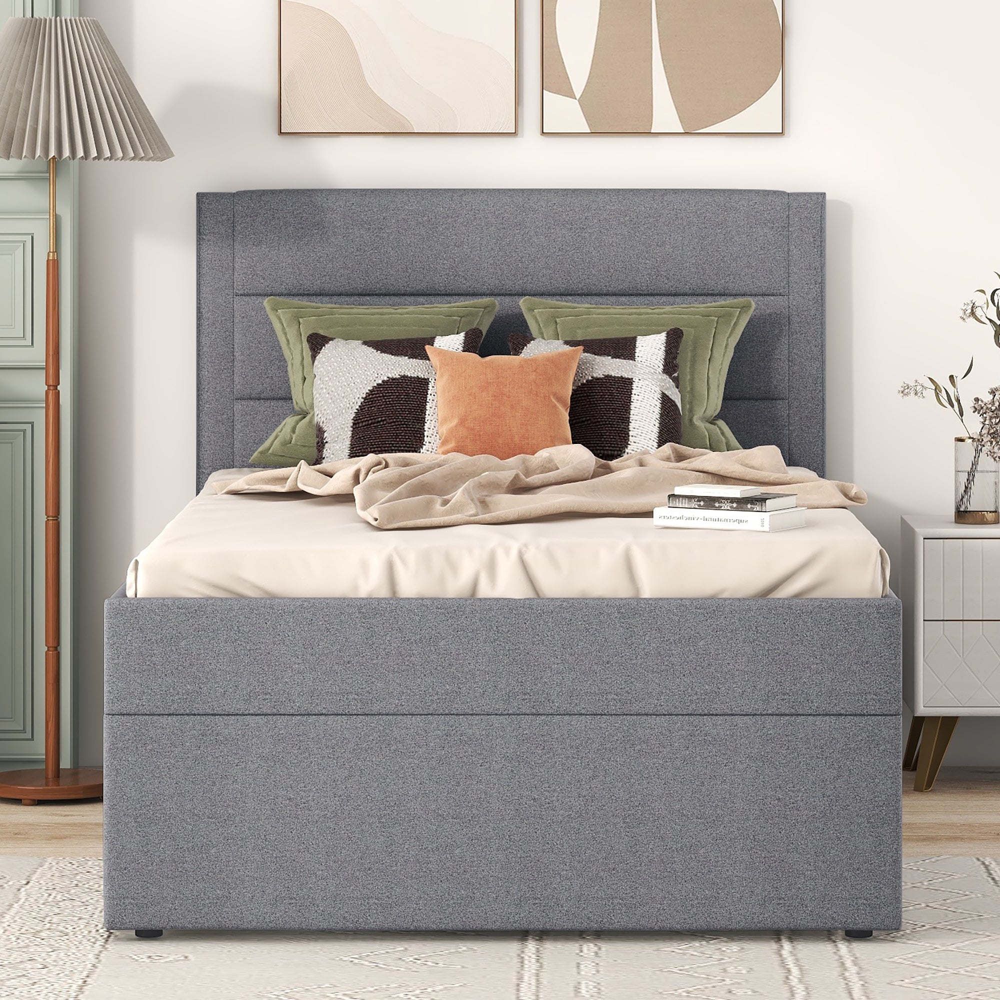Upholstered Single Bed 90x200cm Large Storage Metal Slatted Base - Grey