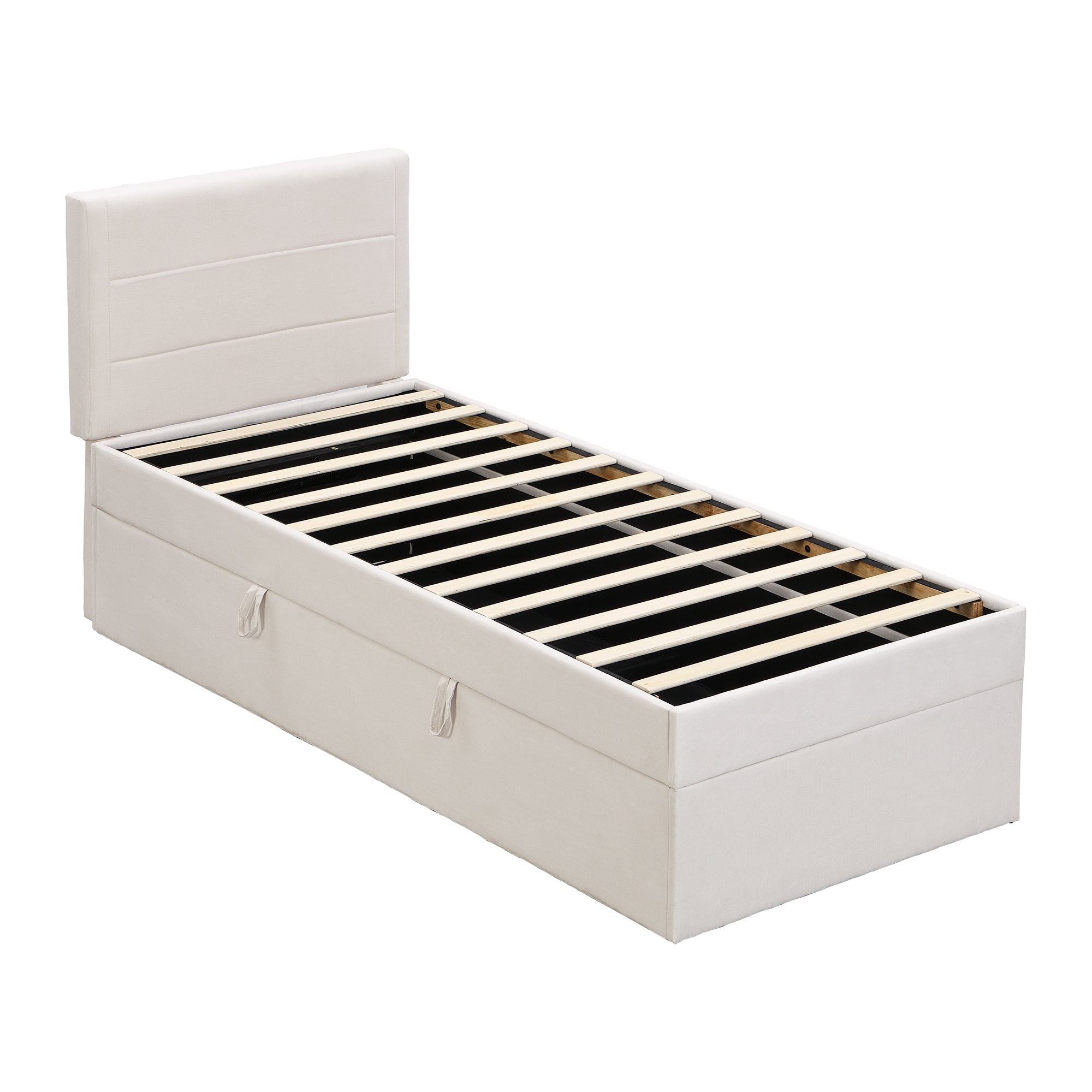 Upholstered Single Bed 90x200cm Metal Frame Storage - Beige