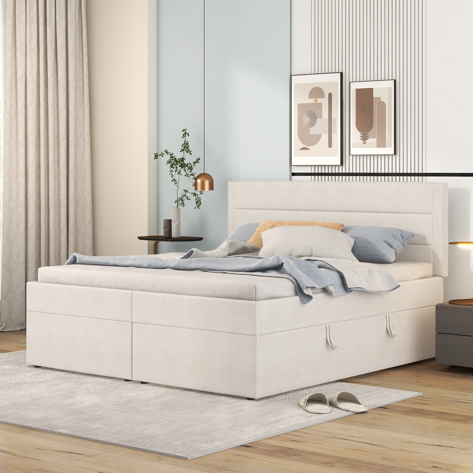 Upholstered Double Bed 200x140cm Large Dual Opening Storage - Beige