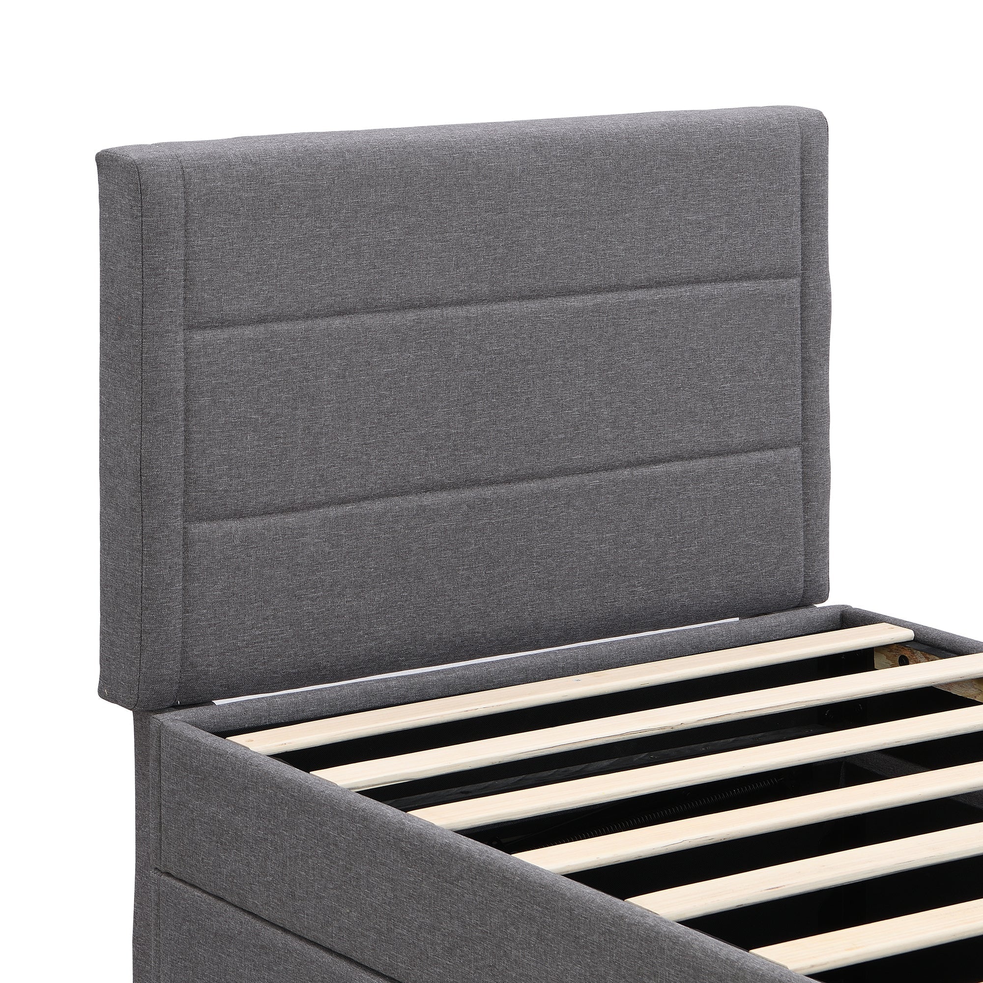 Upholstered Single Bed 90x200cm Large Storage Metal Slatted Base - Grey
