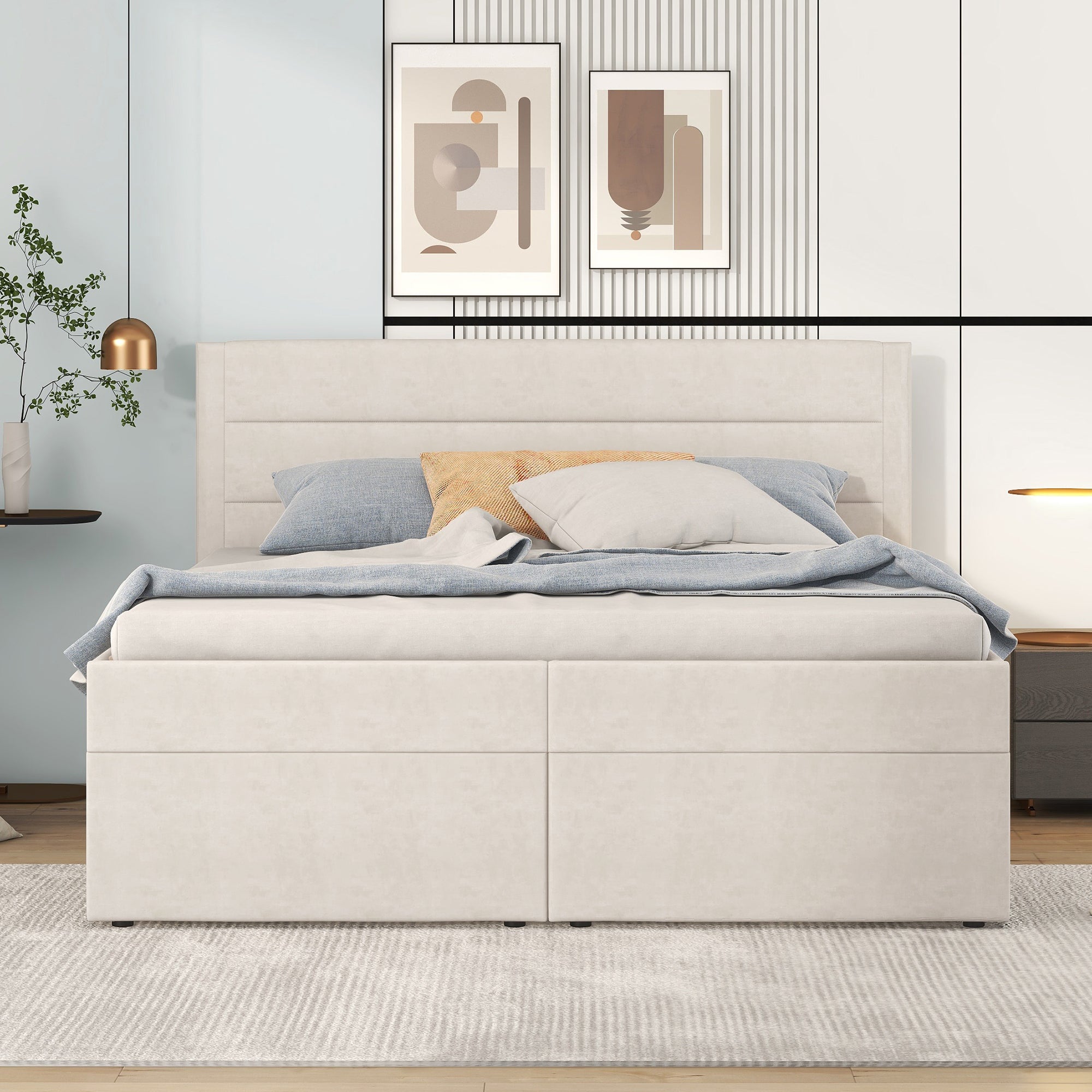 Upholstered Double Bed 200x140cm Large Dual Opening Storage - Beige