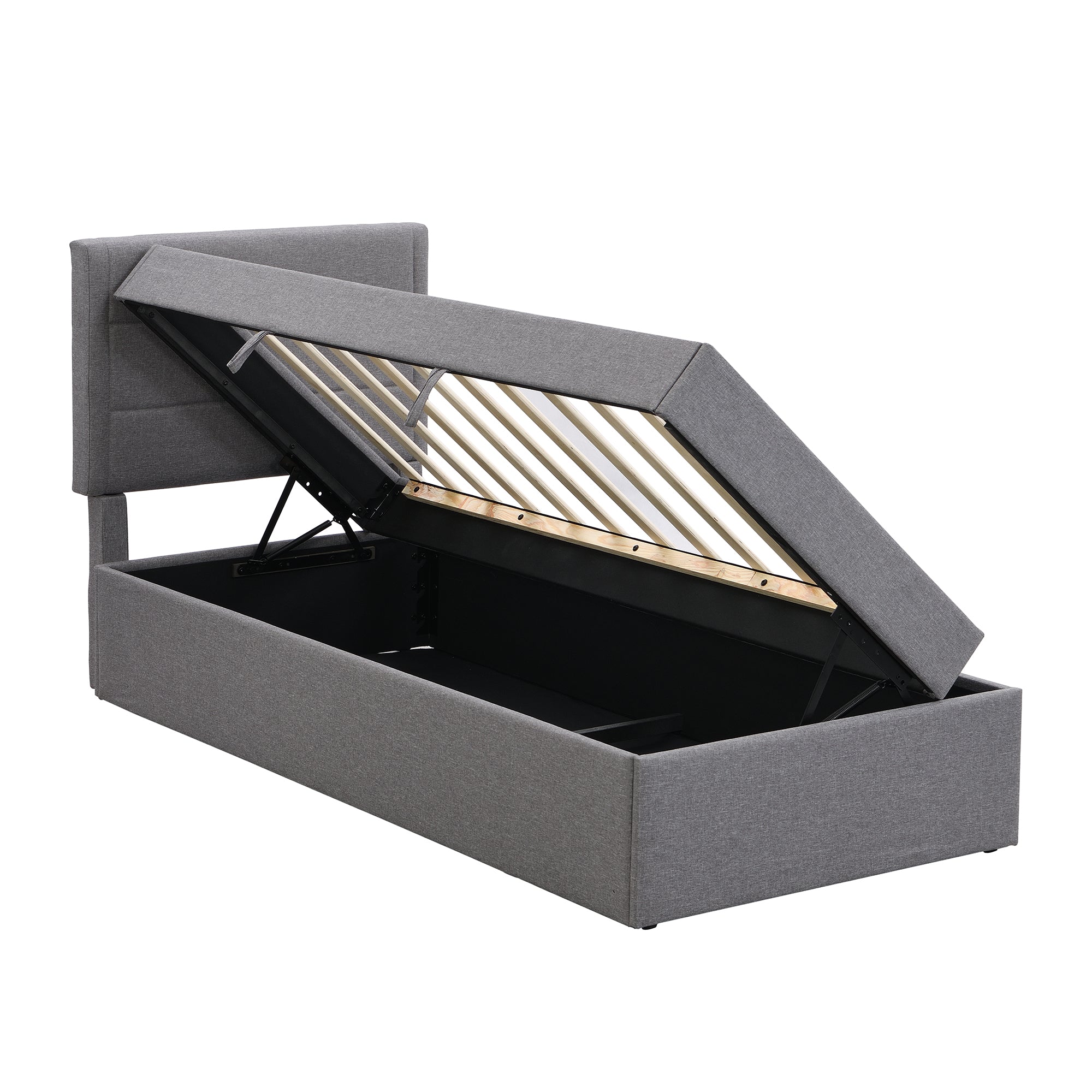 Upholstered Single Bed 90x200cm Large Storage Metal Slatted Base - Grey