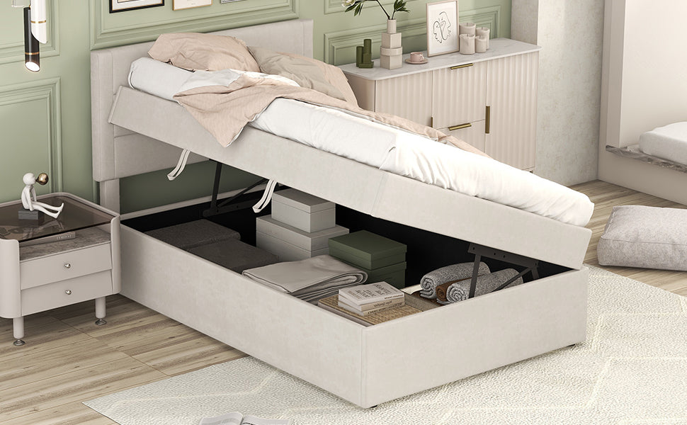 Upholstered Single Bed 90x200cm Metal Frame Storage - Beige