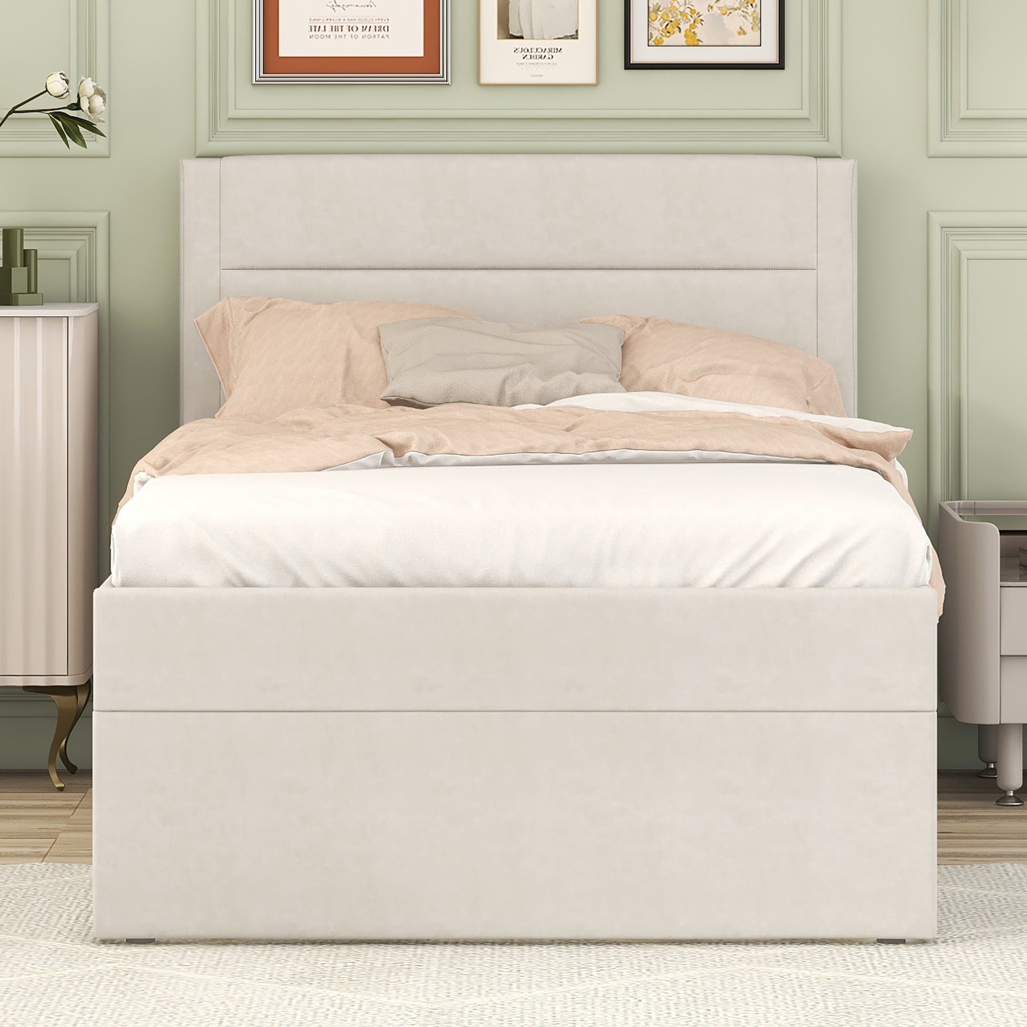 Upholstered Single Bed 90x200cm Metal Frame Storage - Beige