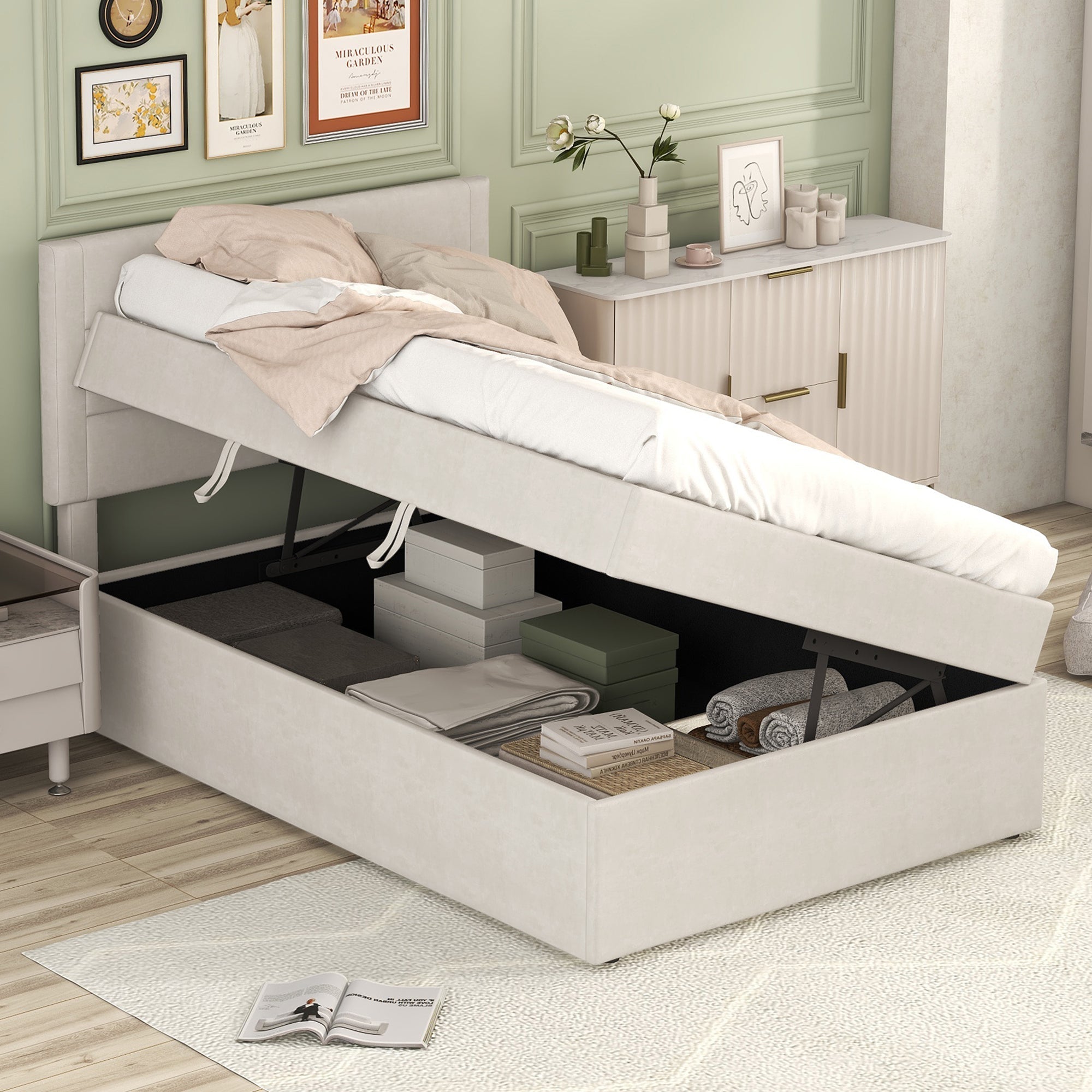 Upholstered Single Bed 90x200cm Metal Frame Storage - Beige