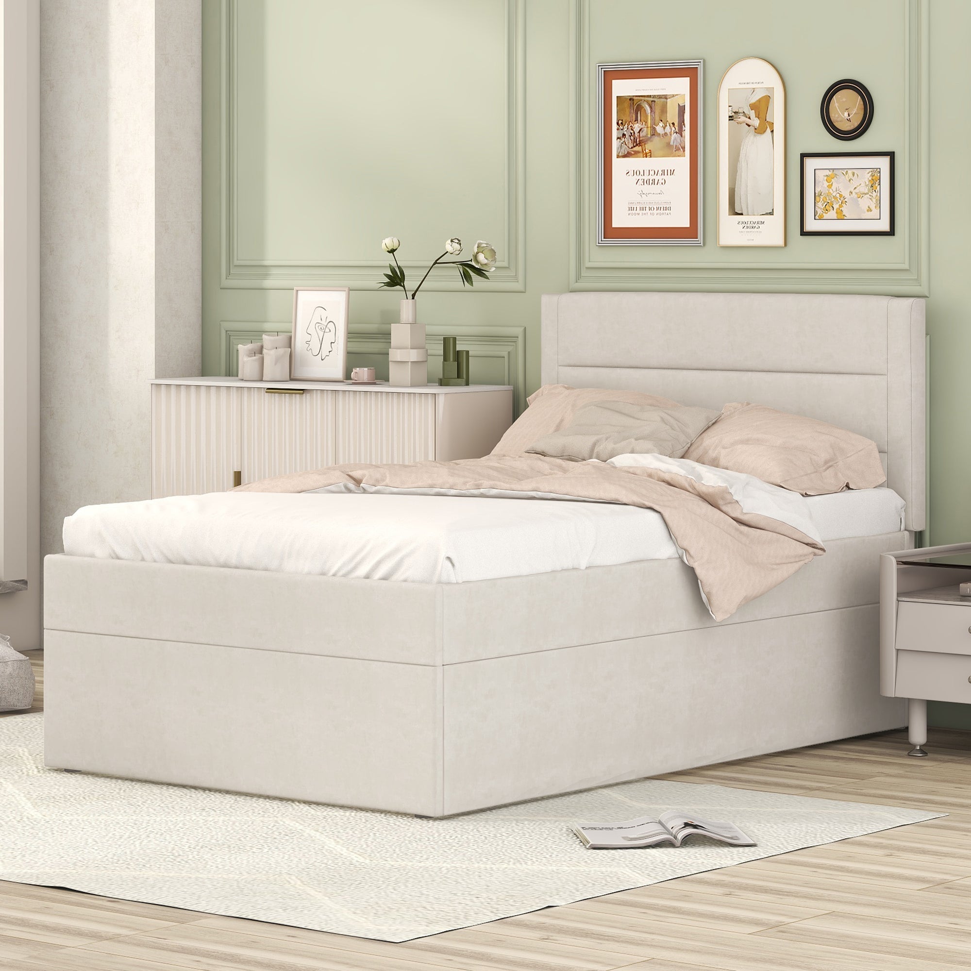 Upholstered Single Bed 90x200cm Metal Frame Storage - Beige
