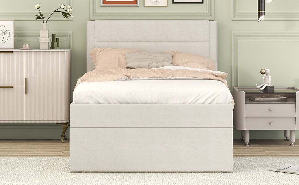Upholstered Single Bed 90x200cm Metal Frame Storage - Beige