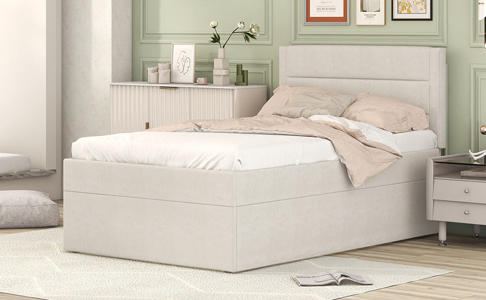 Upholstered Single Bed 90x200cm Metal Frame Storage - Beige