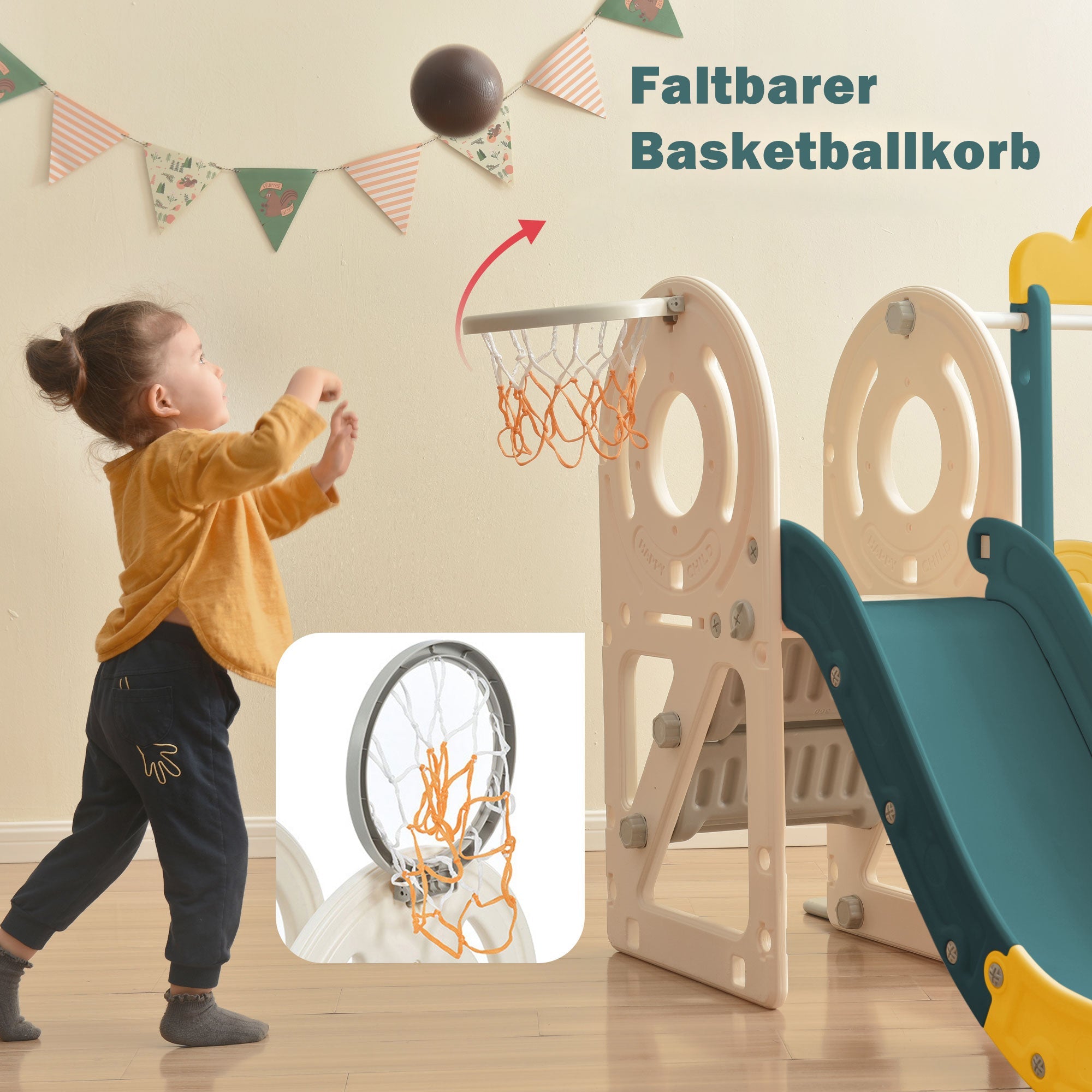 Children's Slide 4-in-1 Set with Bus Activity Ladder Basketball Hoop, high-density polyethylene
