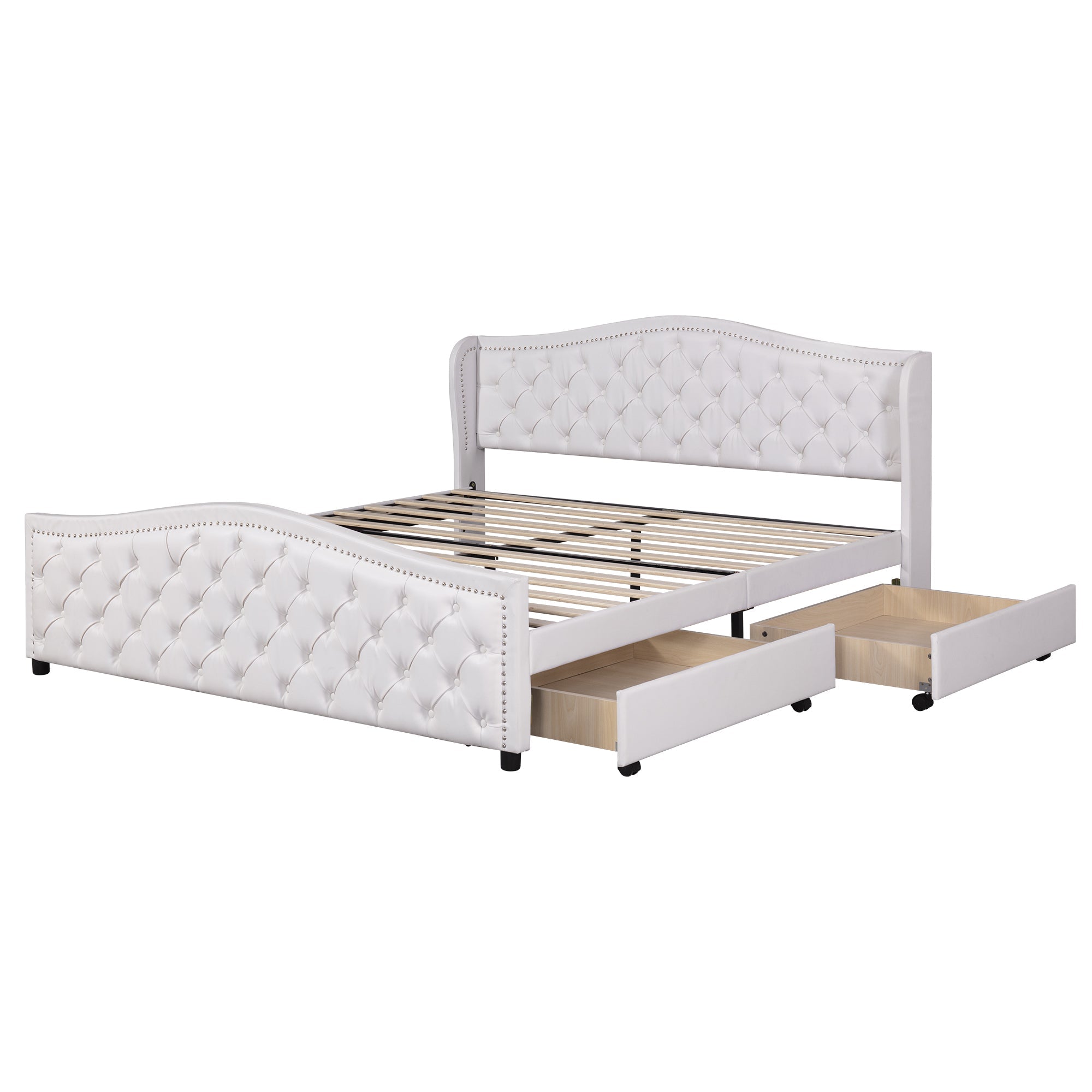 Upholstered Bed 180x200 Storage 2 Drawers High Headboard - PU White