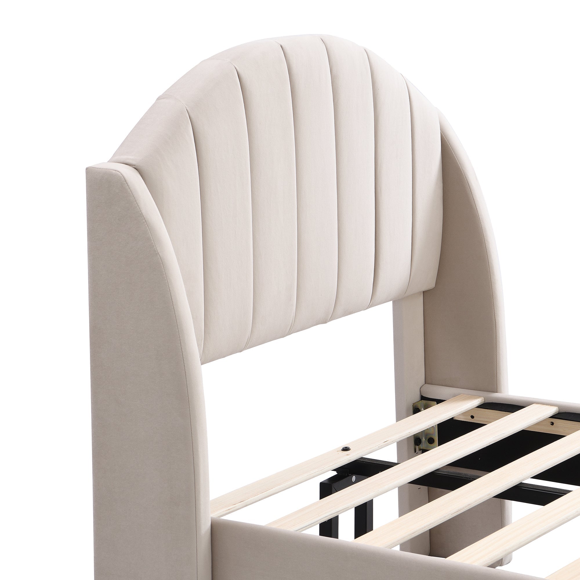 Upholstered Single Bed 90x200cm with Slatted Base Headboard Easy Assembly Velvet Beige
