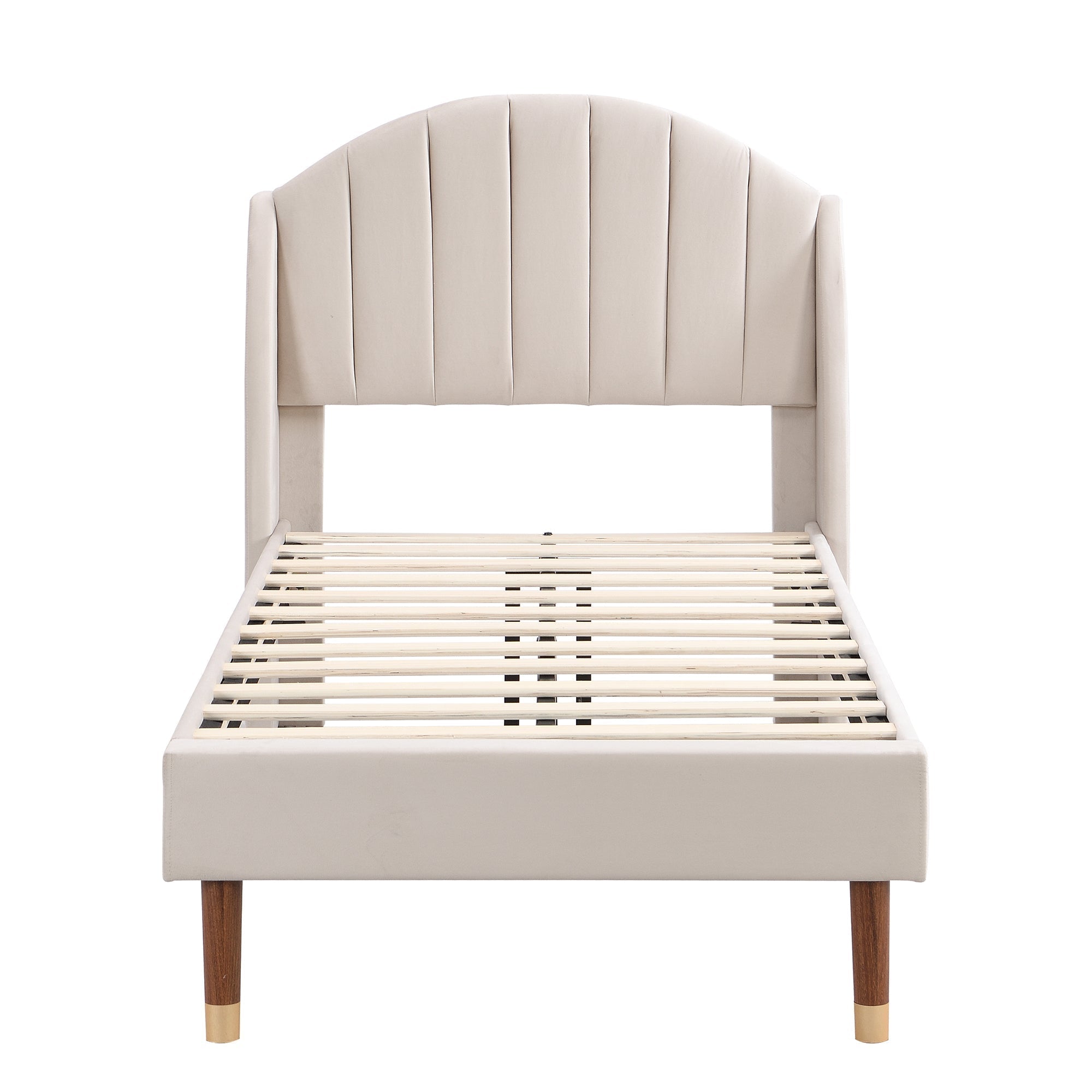 Upholstered Single Bed 90x200cm with Slatted Base Headboard Easy Assembly Velvet Beige