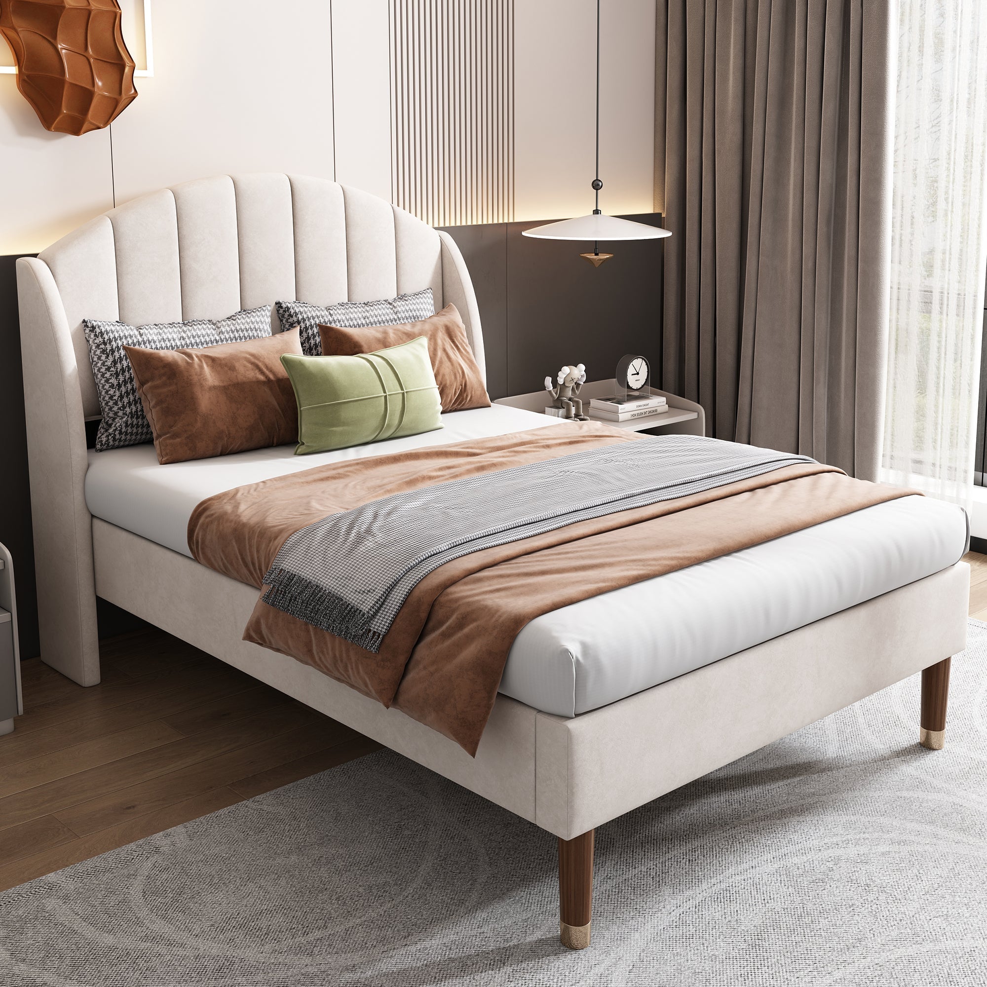 Upholstered Single Bed 90x200cm with Slatted Base Headboard Easy Assembly Velvet Beige