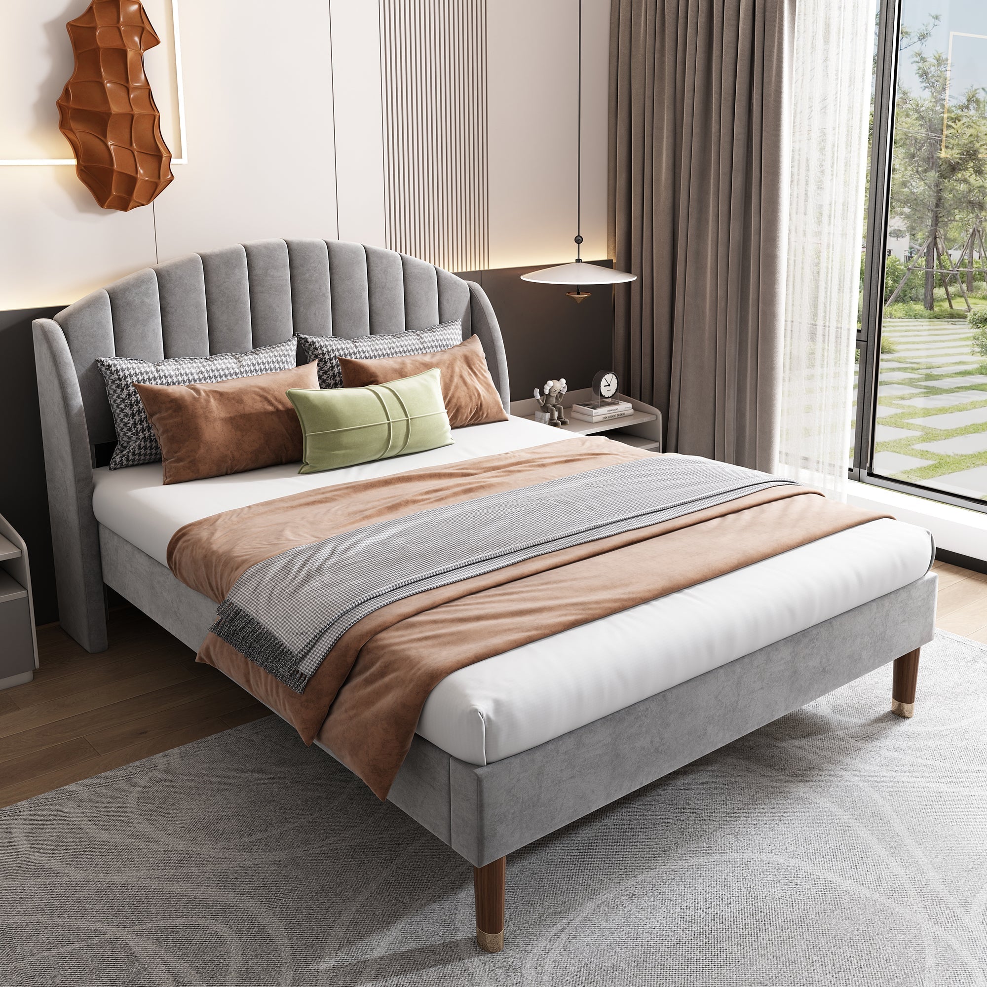 Upholstered Bed 140x200 Slatted Base Headboard Wooden Support Velvet Grey