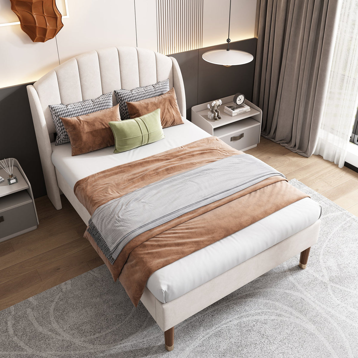 Upholstered Single Bed 90x200cm with Slatted Base Headboard Easy Assembly Velvet Beige