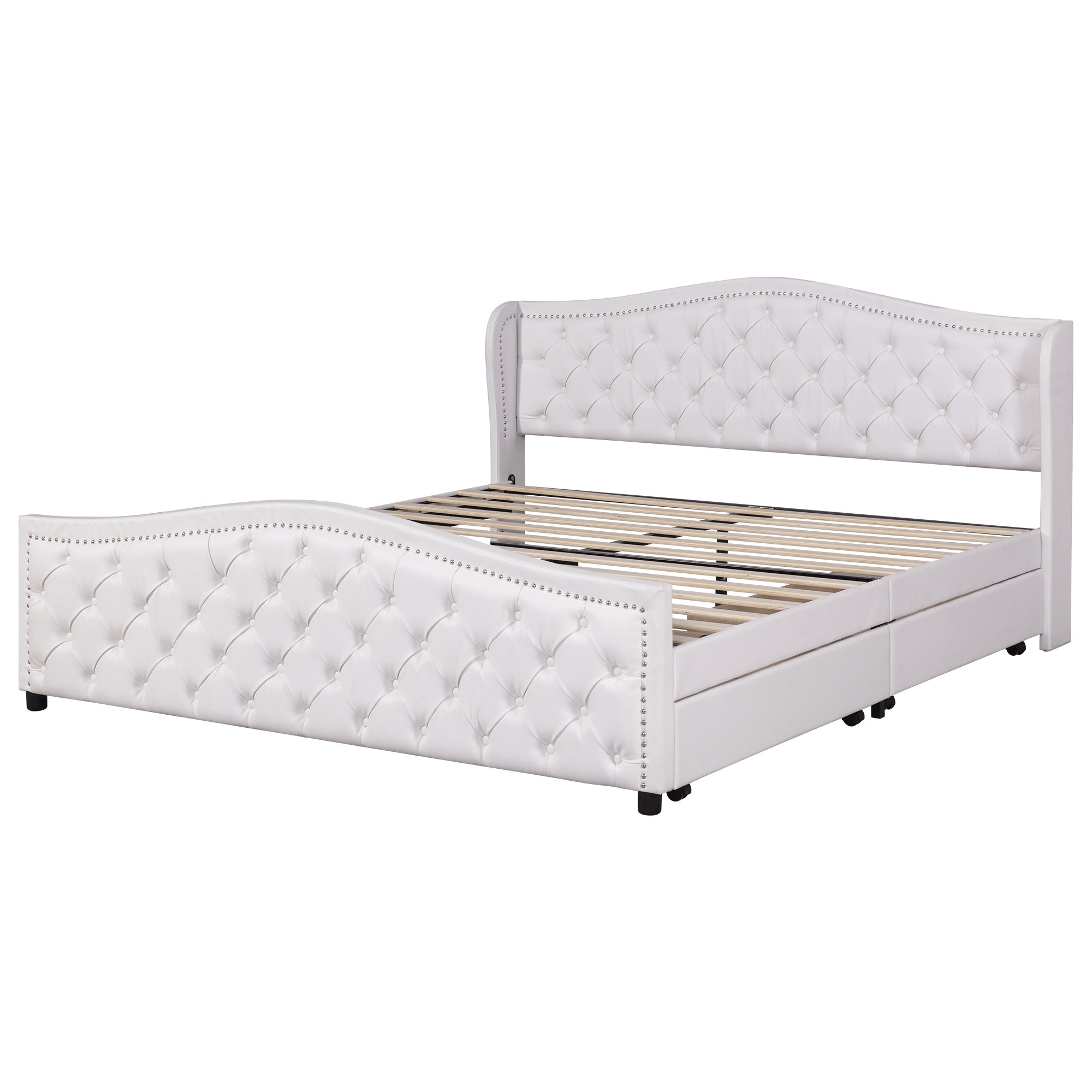 Upholstered Bed 180x200 Storage 2 Drawers High Headboard - PU White