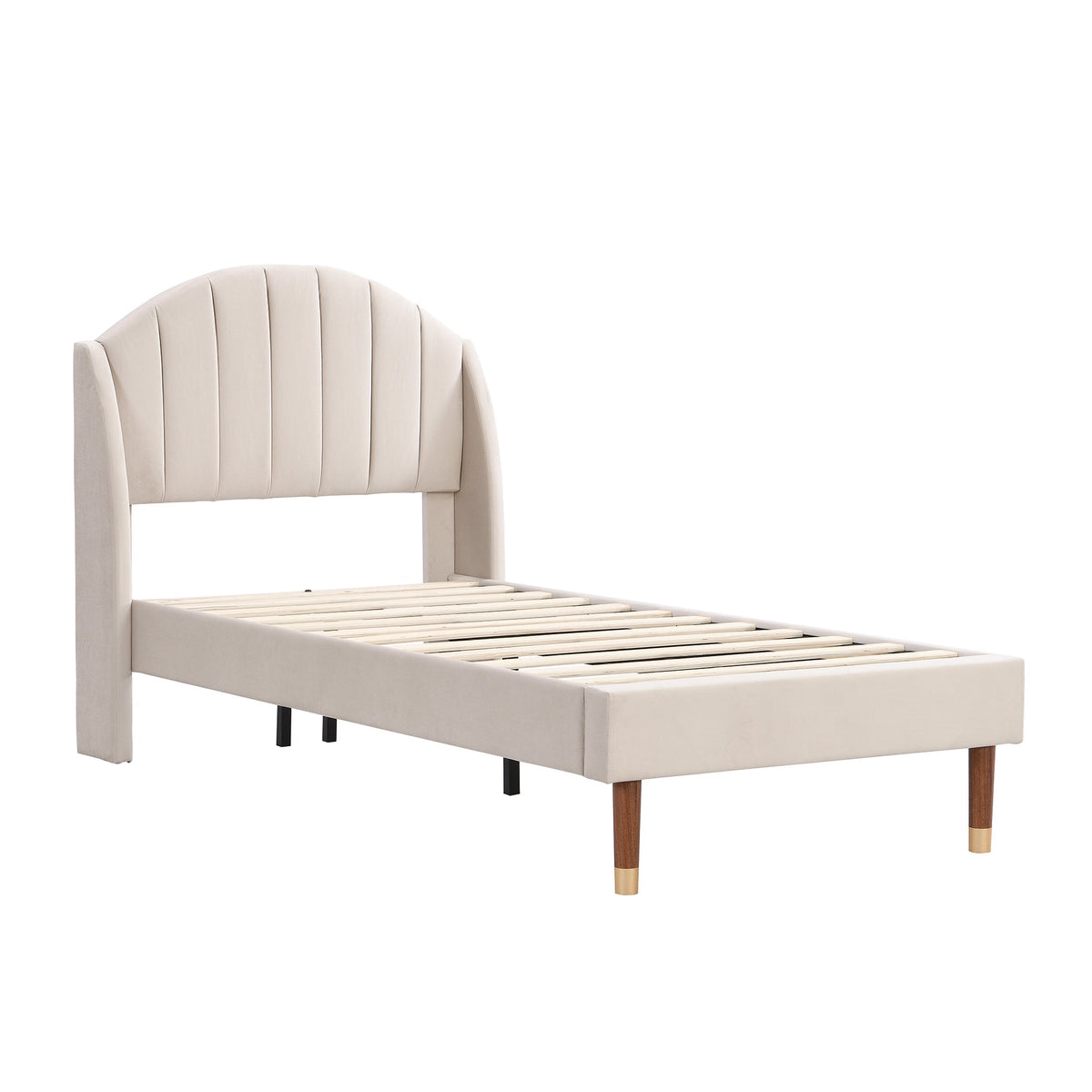 Upholstered Single Bed 90x200cm with Slatted Base Headboard Easy Assembly Velvet Beige