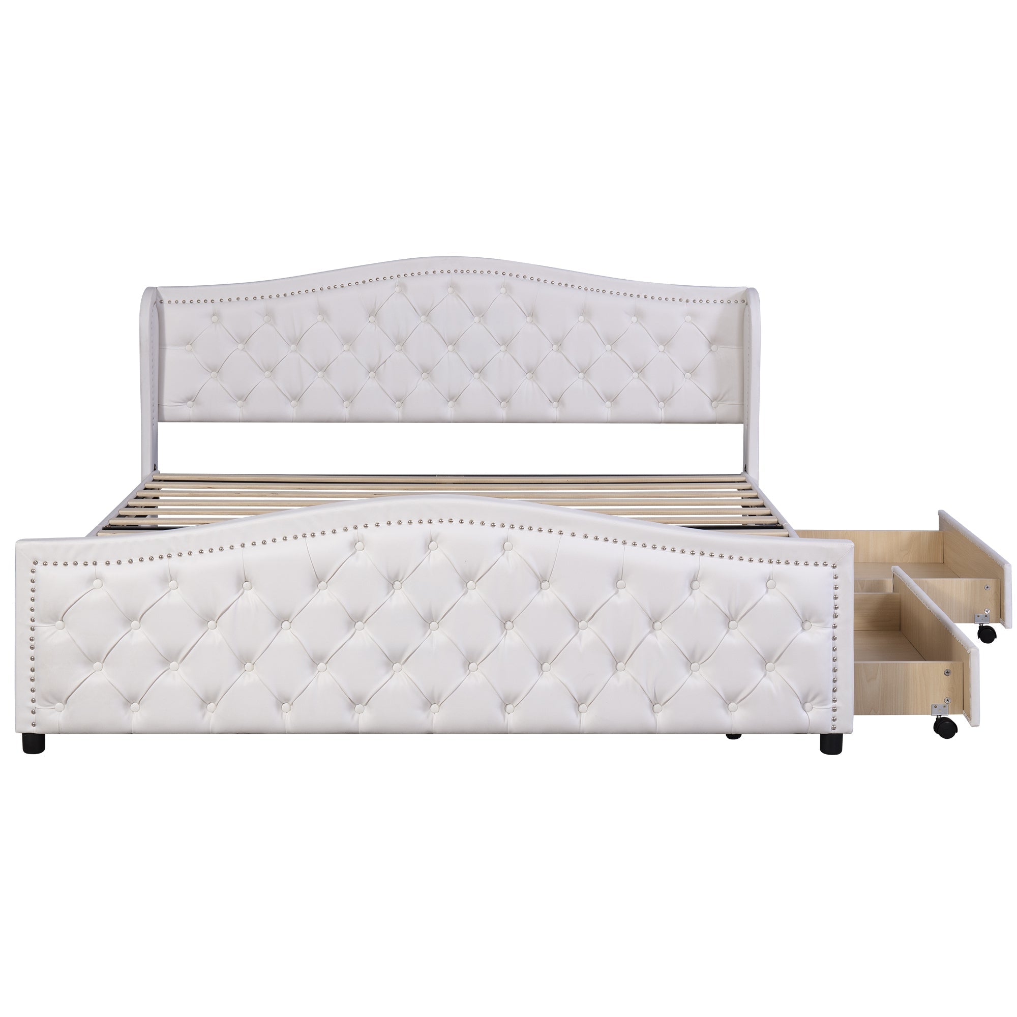 Upholstered Bed 180x200 Storage 2 Drawers High Headboard - PU White