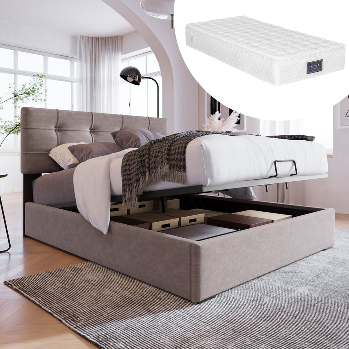 Hydraulic Bed, 90x200cm, Adjustable Headboard, Storage, Light Grey Velvet