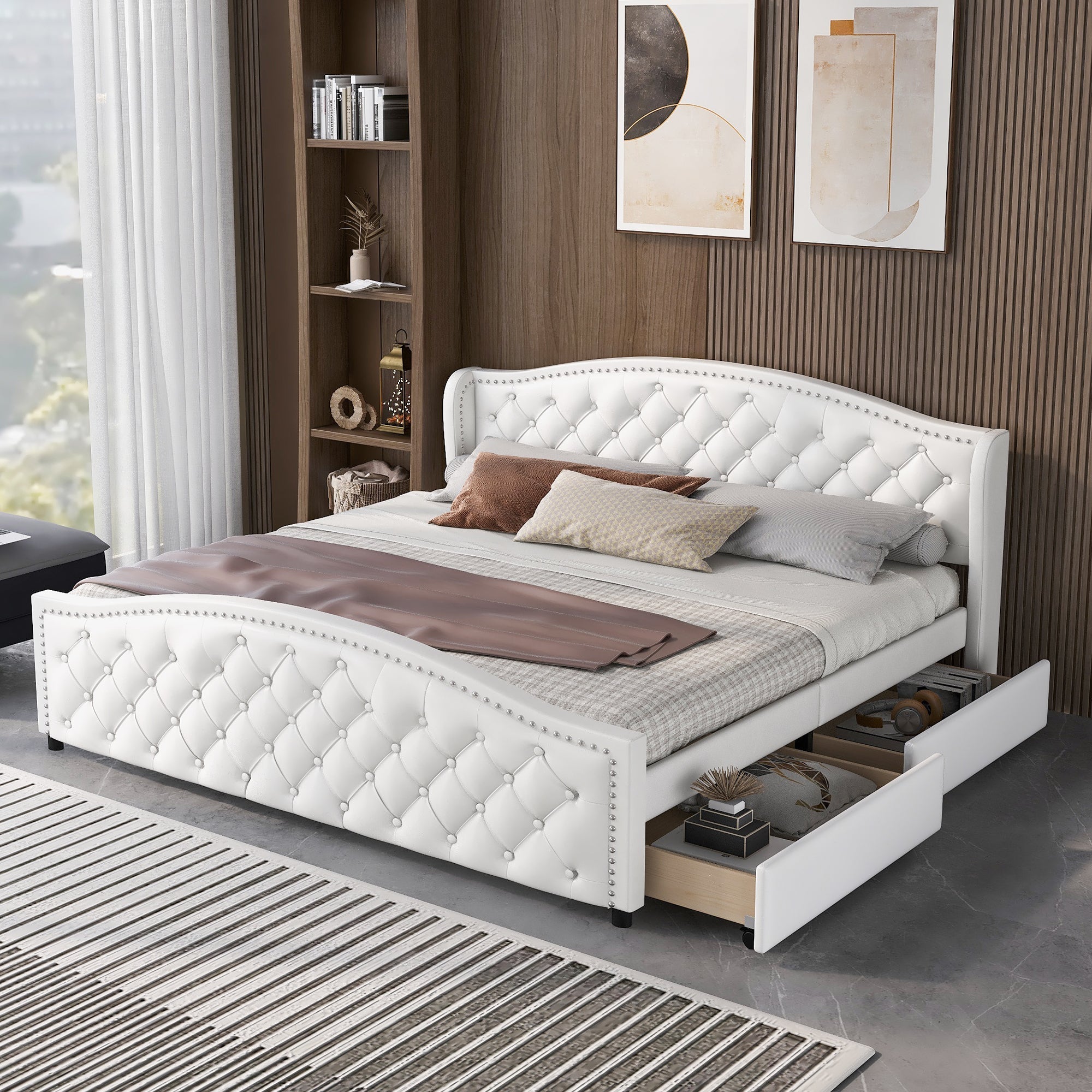 Upholstered Bed 180x200 Storage 2 Drawers High Headboard - PU White