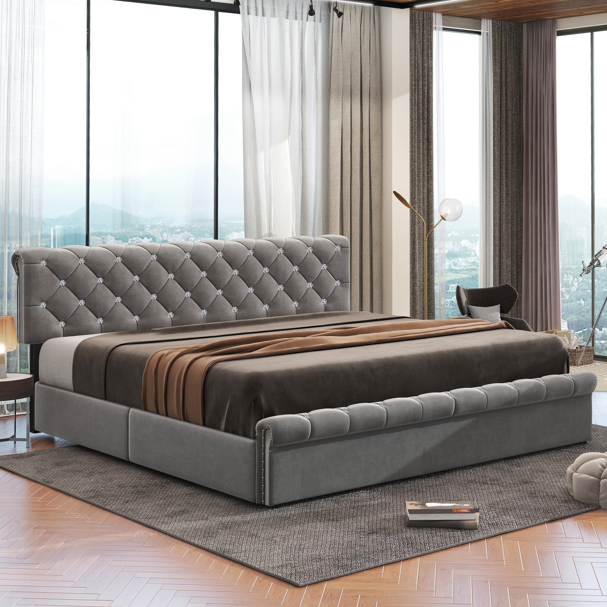 Upholstered Bed with Adjustable Headboard and Slatted Base, 160x200cm, Grey Velvet