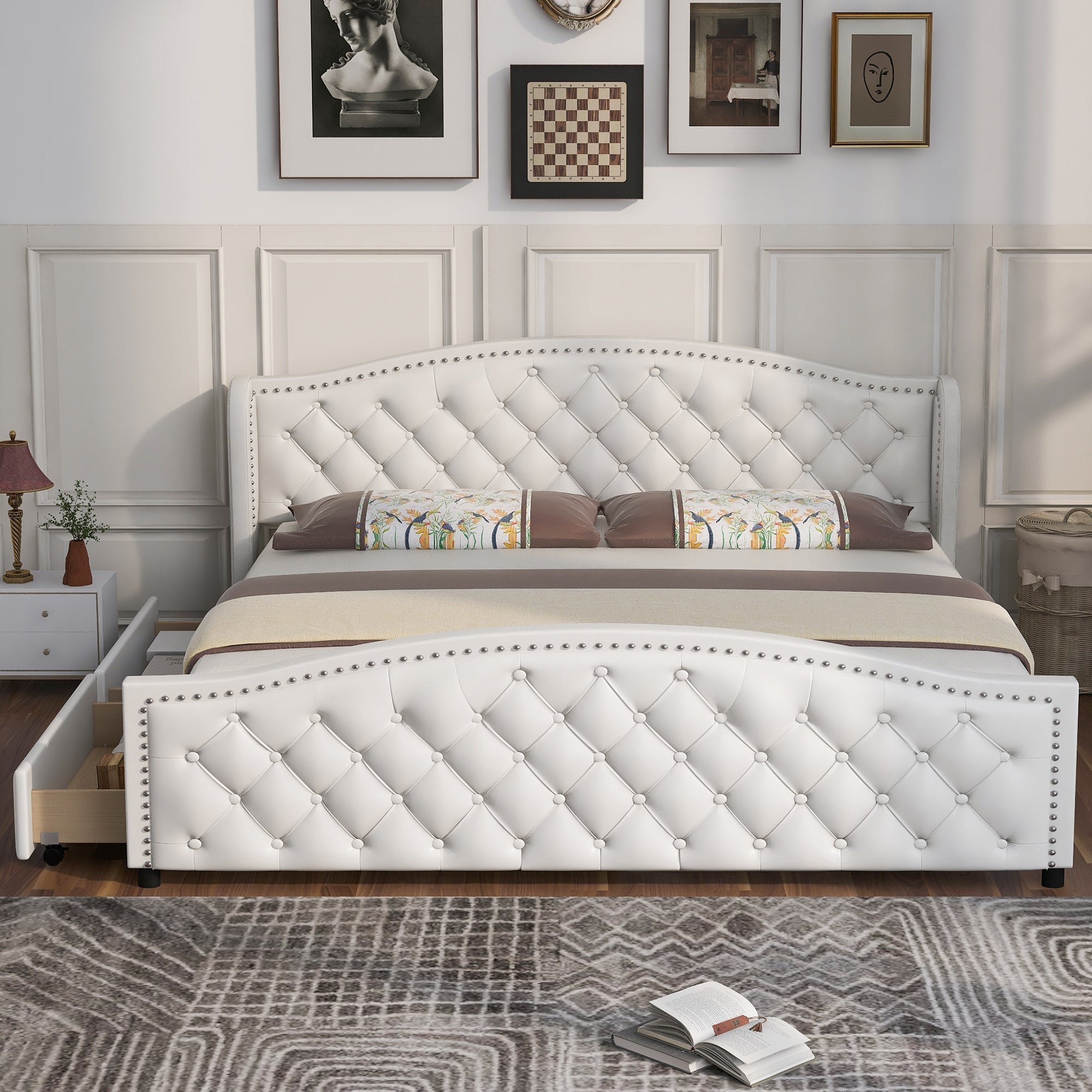 Upholstered Bed 180x200 Storage 2 Drawers High Headboard - PU White