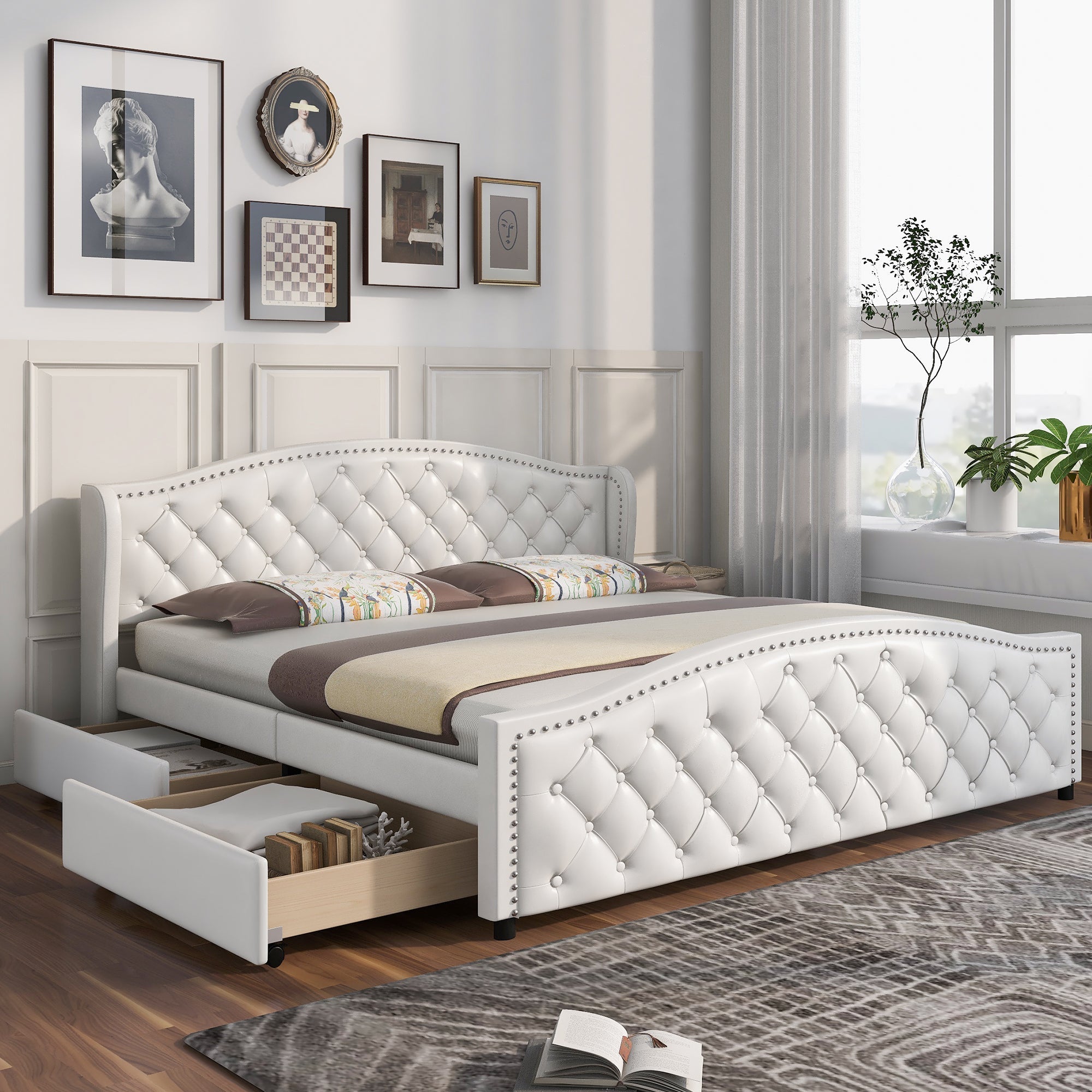 Upholstered Bed 180x200 Storage 2 Drawers High Headboard - PU White