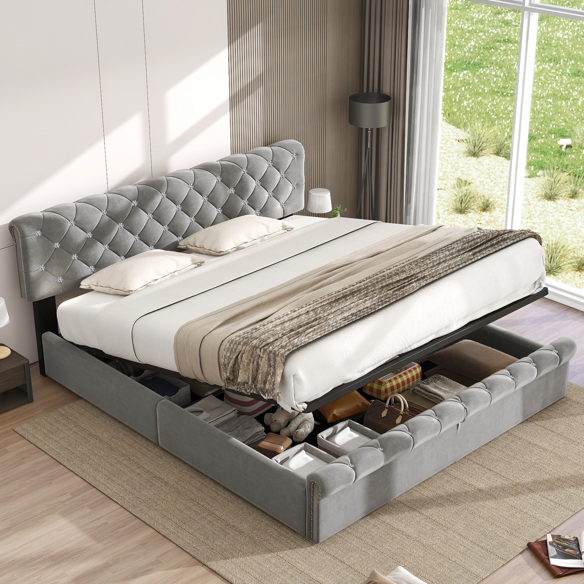 Upholstered Bed with Adjustable Headboard and Slatted Base, 160x200cm, Grey Velvet
