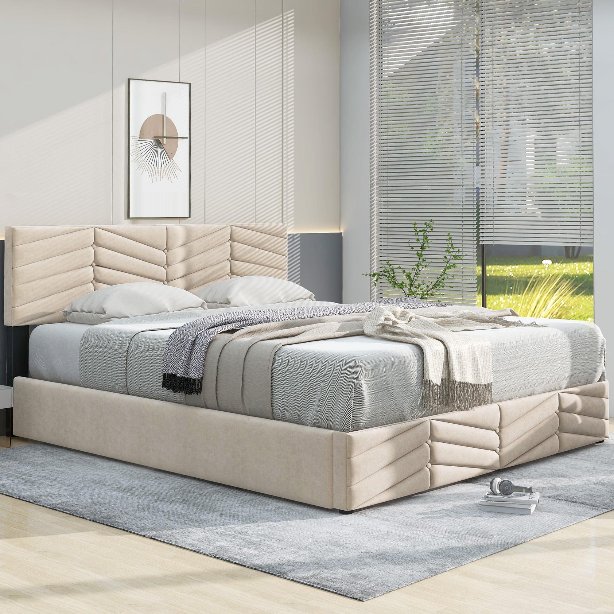 Upholstered Bed 140x200cm Adjustable Headboard Slatted Base - Dutch Velvet Beige