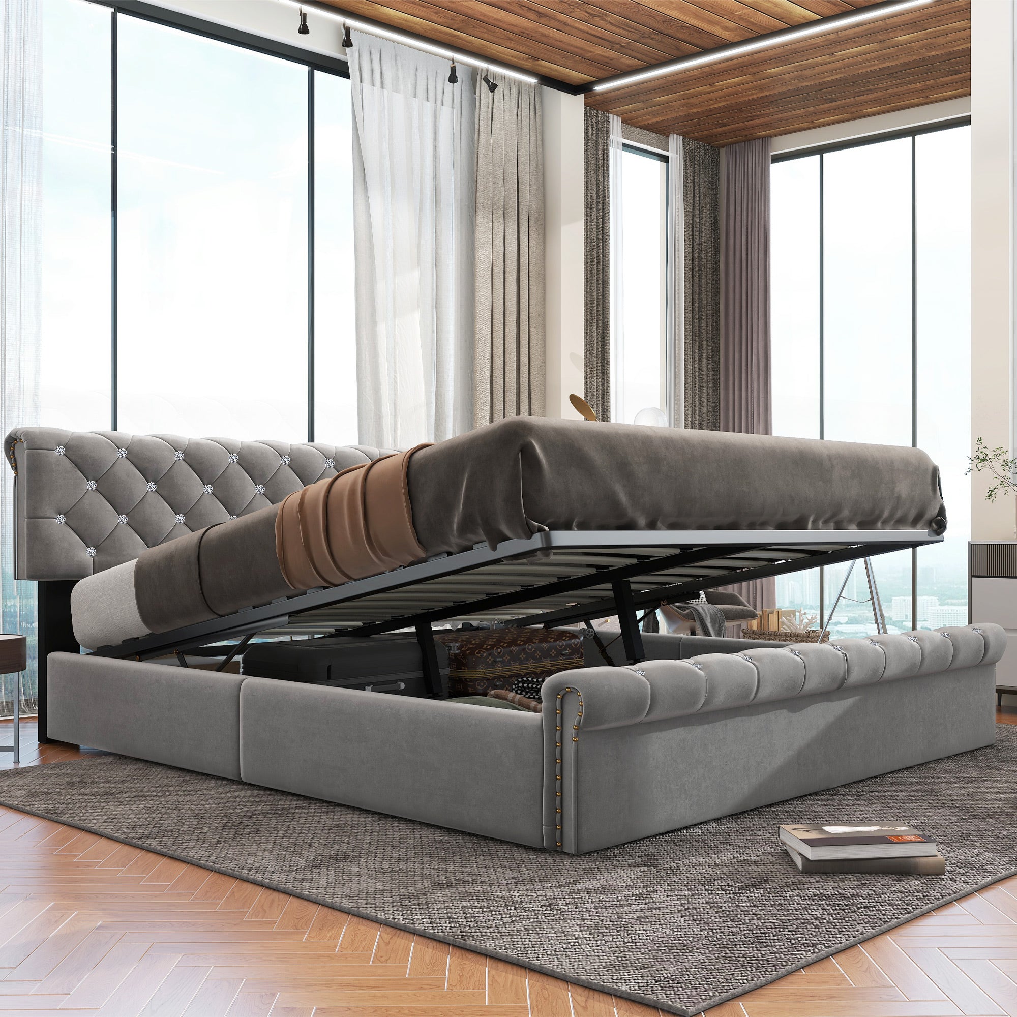 Upholstered Bed with Adjustable Headboard and Slatted Base, 160x200cm, Grey Velvet